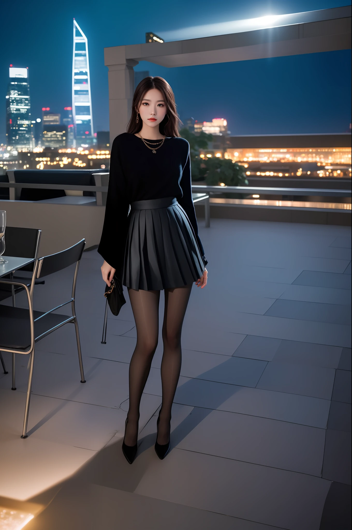 (nikon RAW photo, 8k), (photorealistic:1.3),1girl, full body, solo, fashion portrait, fashionable outfit, stuning dress, pleated skirt, (black pantyhose), rooftop garden, roofbar, couch, fancy restaurant, table, city background, highrises, skyscraper,cinematic lighting, night view, ((light particles, light beam)), realistic, morning sun, dynamic, fresh,best quality, exquisite details, high-resolution, 85mm film, timeless elegance. portrait photography, 85mm film, natural blurry