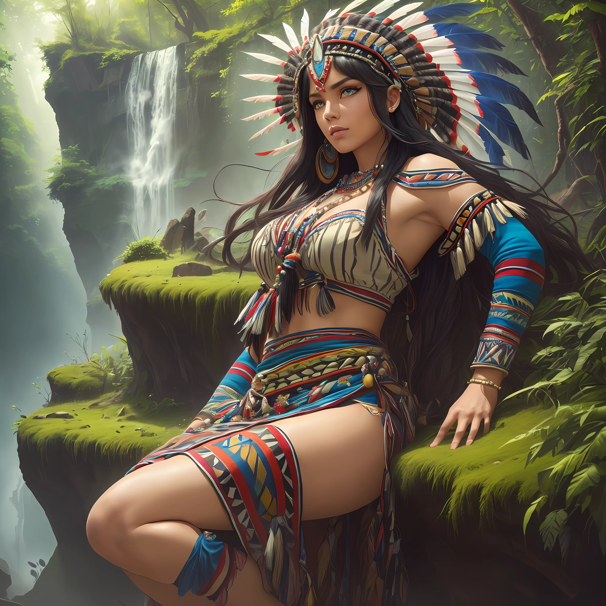 ((realistic: 1.5)),((best quality)), ((masterpiece)),((detailed)), (1girl: 1.3), solo, (((extremely detailed face))),(((extremely detailed eyes and face))), CHEROKEE skin, CHEROKEE face, beautiful detailed eyes, 8k unified wallpaper, super detailed, beautiful and aesthetic, beautiful, masterpiece, best quality, raw, masterpiece, super fine photo, best quality, super high resolution, photorealistic realism, sunlight,  full body portrait, amazing beauty, dynamic pose, delicate face, vibrant eyes, (from the front), (1 CHEROKEE woman in CHEROKEE costume long skirt with red blue white and pink not green colors, {a beautiful Inca woman dressed in traditional CHEROKEE dress CHEROKEE women's typical costume, super wide angle lens, facial focus, mature, sexy, toned muscles,  long legs, curves, barefoot, full CHEROKEE suit, thick thighs, wide hips, thin legs, dark eyes, perfect eyes, long black hair, floating hair, long eyelashes, (detailed face, beautiful eye, detailed pupils, detailed features of CHEROKEE clothing, light background: 1.3), mysterious ancient CHEROKEE ruin, lush forests, deep canyons, bridge, river, cliff, cloud, lakes, rock, waterfalls, flowers,  grass, fog, vine, tree, smoke, best shade, bright details, sharp, perfect composition, intricate, sharp focus, dramatic, (specular lighting: 1.3), edge light, inca landscape, fully dressed, COLORFUL CHEROKEE HEADDRESS