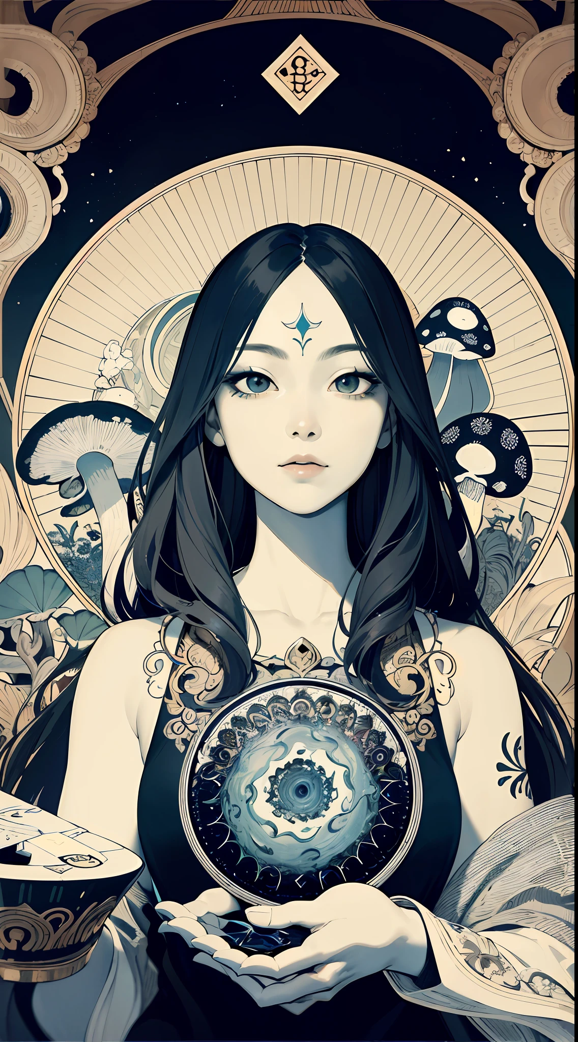 (Masterpiece, Best Quality, Highres:1.4), Detailed, Intricate Details, 4K,
color splashes, line art, art, fibonacci, Asian girl, mushroom, psychedelic art, beautiful charming face,dmt details, trippy, tarot card style, show full objects