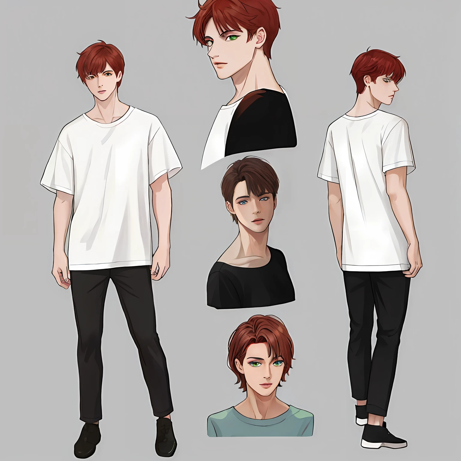 Master piece, high quality, 8k) (full body) (same character front, back, side view) (model sheet) (multiple views of the same character) . 8k, (RAW photo, best quality), beautiful detailed green eyes, extremely detailed eyes and face, perfect anatomy, an extremely delicate and beautiful face, short bob style red hair, extremely manly and masculine, extremely detailed,beautiful, short hair, dark brown hair, thin eye and detailed face, ((loose white t-shirt)),, (pale white skin)casual clothes, big shirt, modern urban street