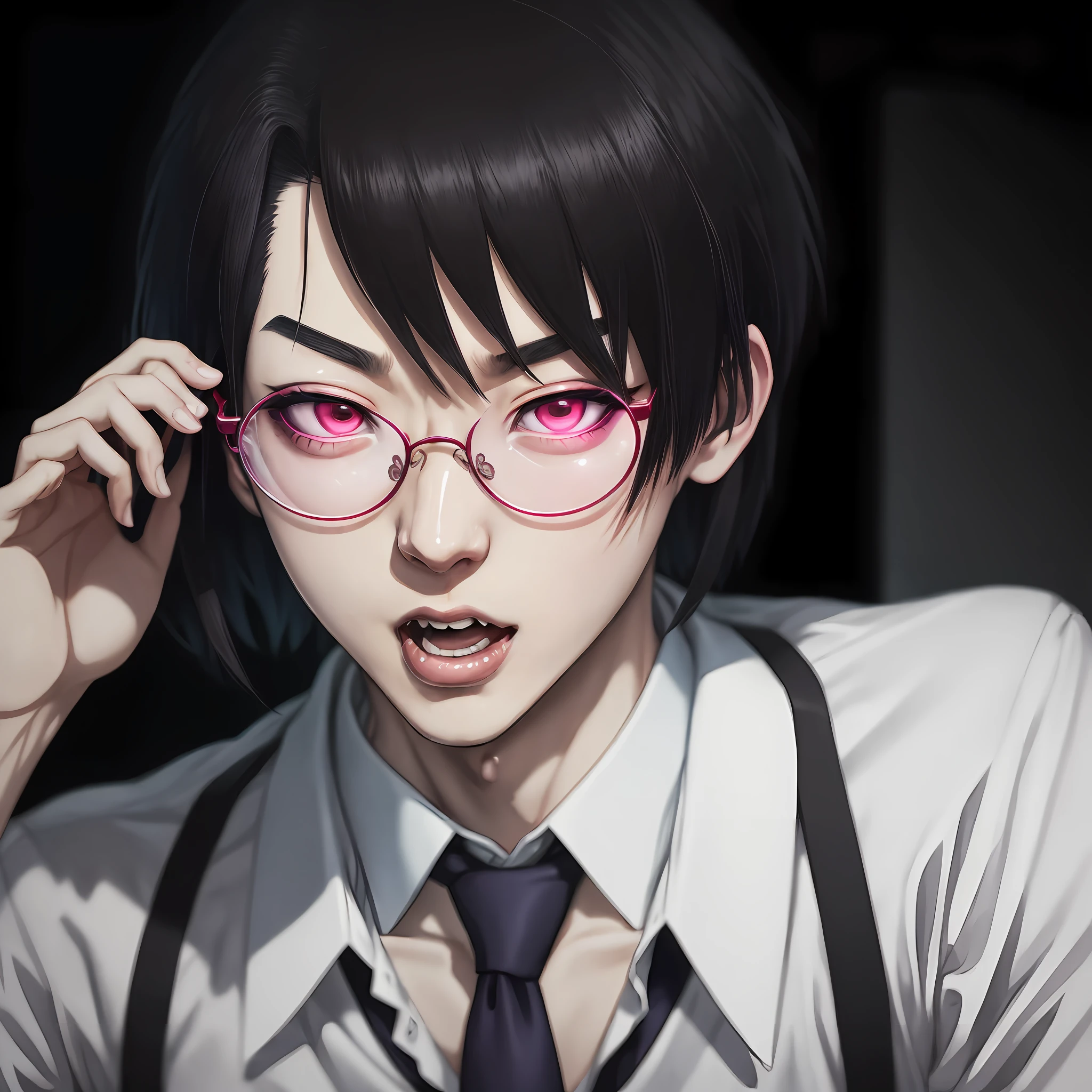 a close up of a person with glasses and a tie, ahegao, discord profile picture, ahegao face, on amino, alex and his droogs, discord pfp, shinji ikari, korean artist, akira artstyle, twitter pfp, gonzo, marilyn manson, takata yamamoto style, ito junji art, art depicting control freak --auto