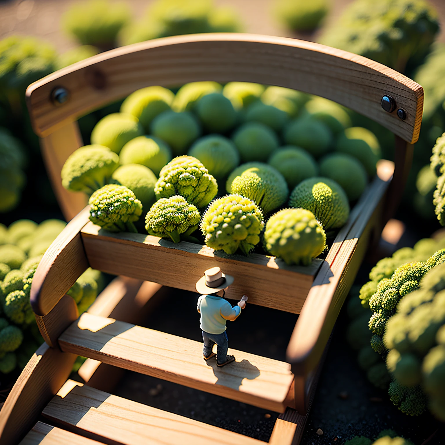 tiny little people is picking broccoli on a ladder, natural light, miniature, blur background, clear details, tilt-shift, macro photography, isometric, 3d --auto