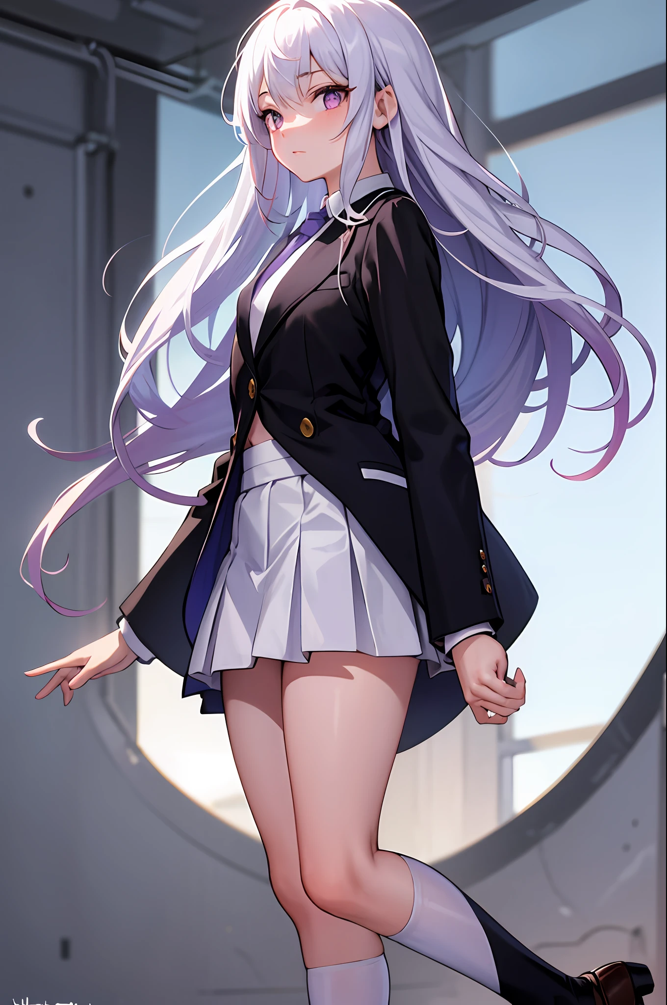 masterpiece, best quality, highres, 1girl, long white hair, purple eyes, school uniform, white shirt, a purple tie, a black jacket, white cuffs, a white short skirt, black stockings, black and dark purple shoes