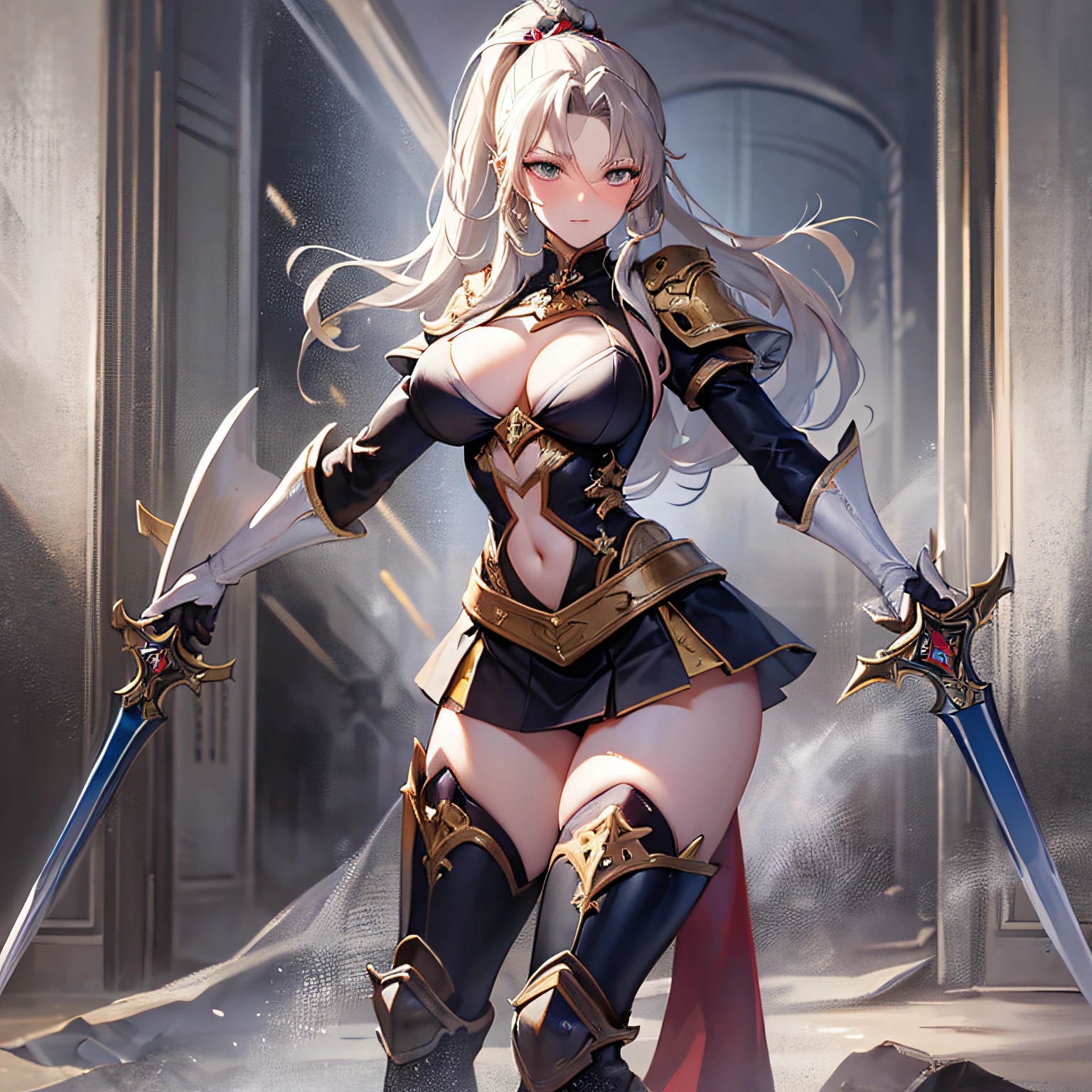 Peerless beauty, perfect slim body, mature royal sister face, double ponytail curls, knightly armor, sexy and seductive, beautiful face, full body portrait, standing pose, 4K picture quality, feminine expression, blush shyness, star-like deep eyes, huge breasts, short skirt, sword and magic. Bust overflow, fighting with Warcraft, speed lines, best quality, masterpieces,