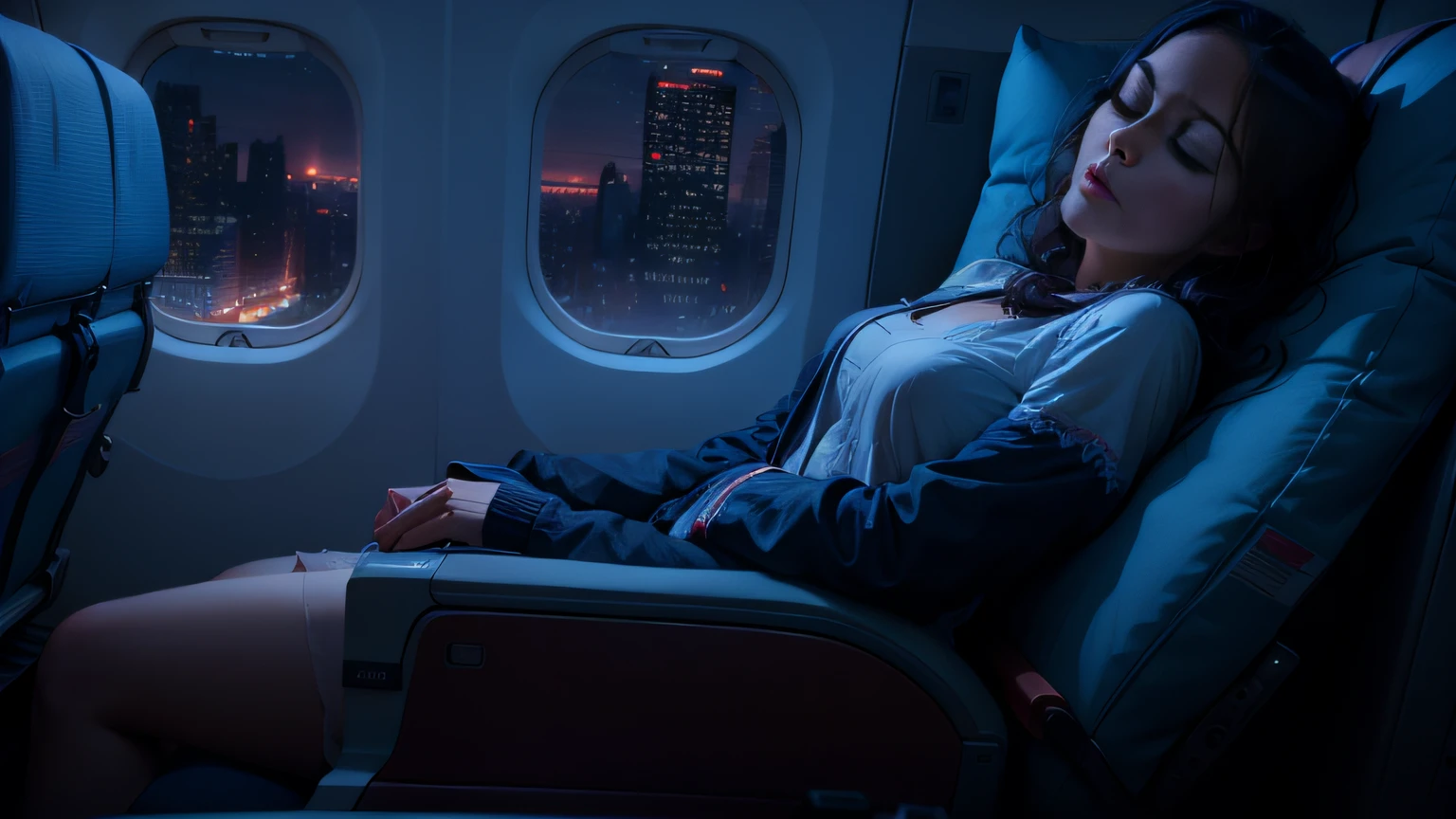 woman sleeping in an airplane with her eyes closed, portrait shot, turbulence, inspired by Elsa Bleda, [ cinematic, fantasy lut, cinematic image, cinematic luts, cinematic look, cinematic photography, 8 k sensual lighting, filmed, nocturnal --auto