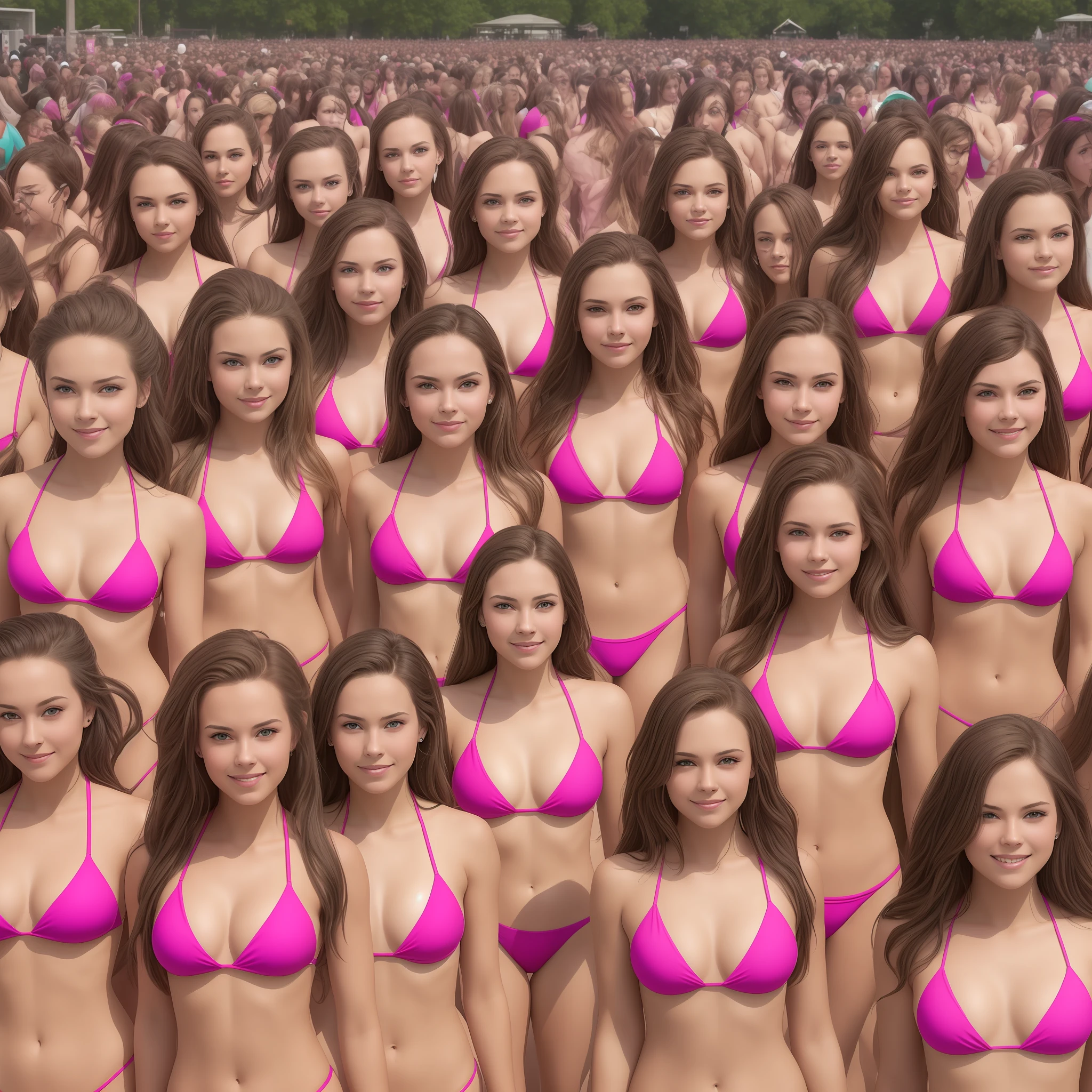 {{{{many clones}}}}, {{{{{Thousands of,crowd of}}}}},{{The same face,same appearance}}, {{{{brown long hair}}}}, {{{{pink bikini}}}}, smile