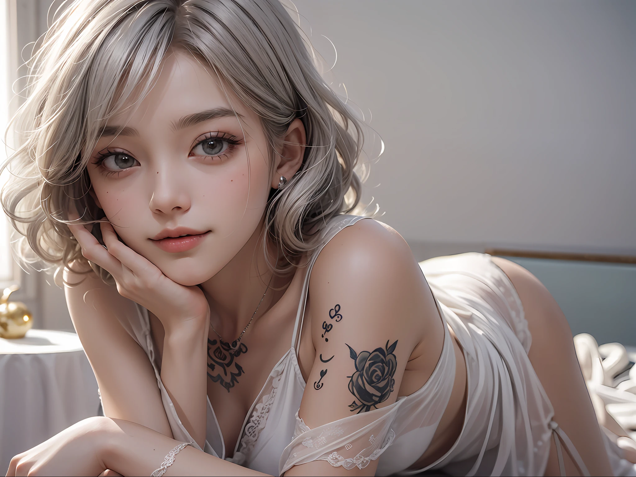 Ashley Emmaline, short hair, curly hair, girl, ultra beautiful, happy, slightly opened eyes, thin night gown, tatoo, lying on the table, medium full shot, white lighting,  silver hair, elegant background, light background, white room, dreamy, look away, in style of white