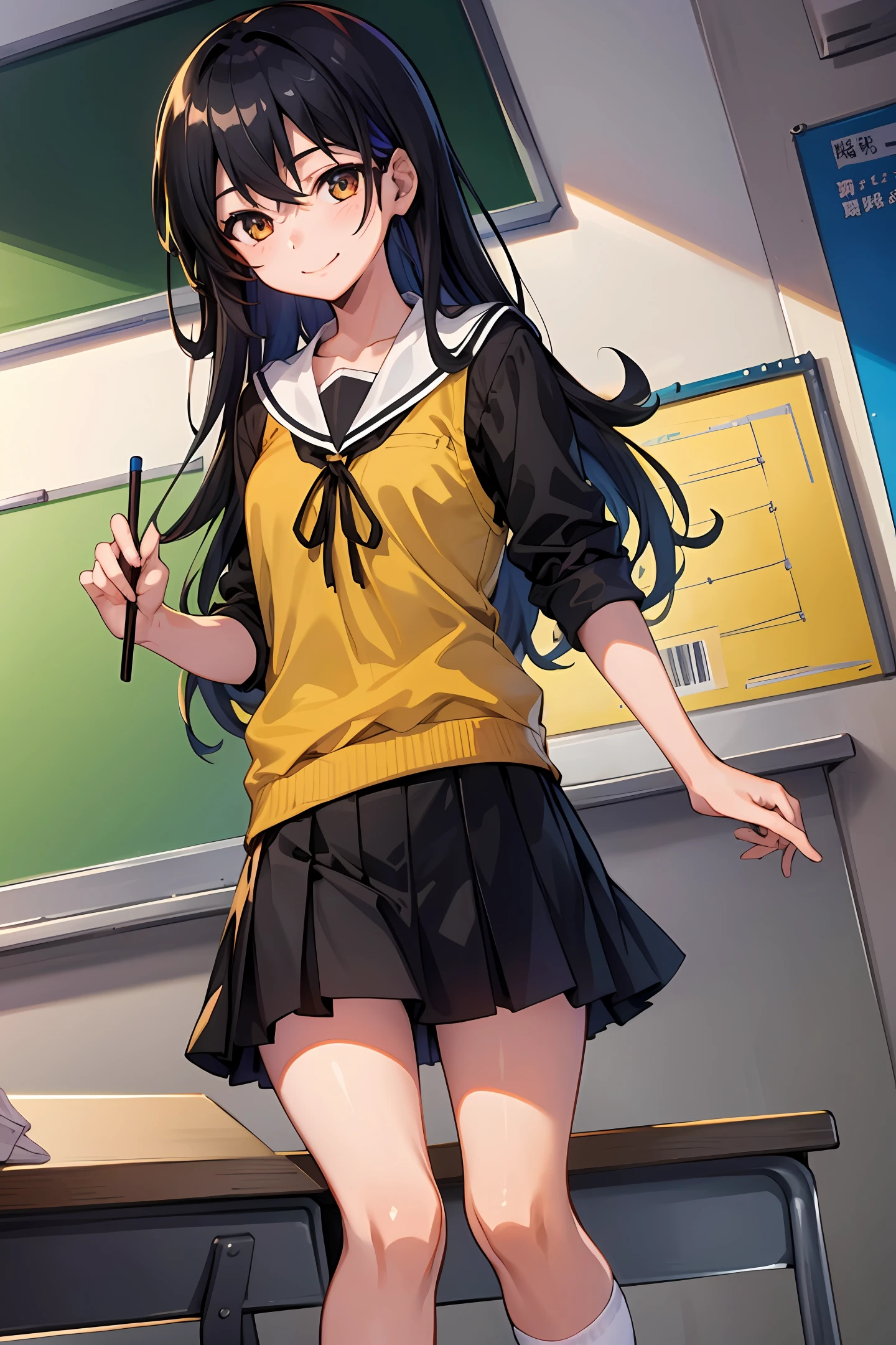 ((masterpiece)), ((best quality)), ((highres)), ((extremely detailed CG unity 8k wallpaper)), solo, tachibana kanade, black skirt, white socks, small smile, classroom