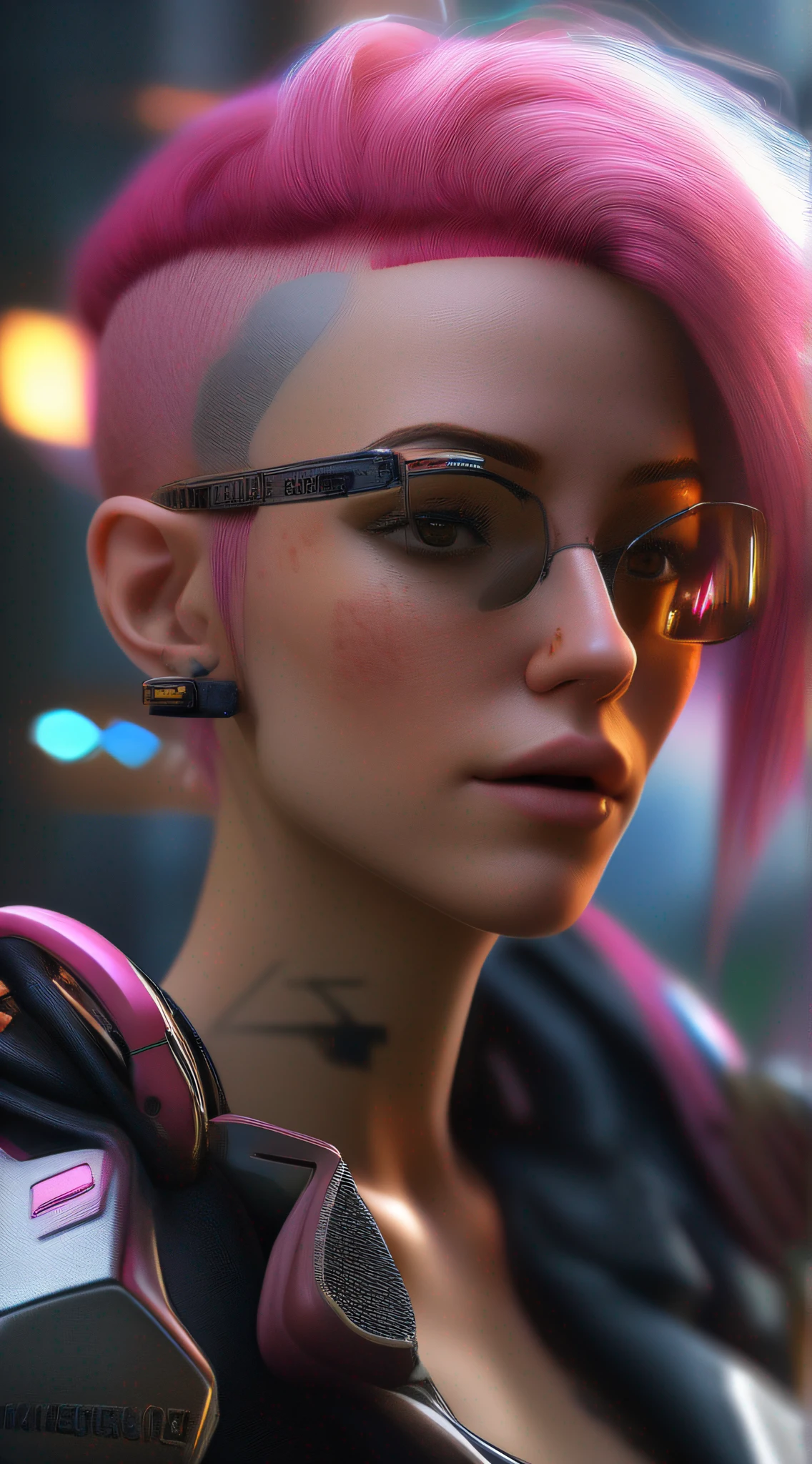 ((Best quality)), ((masterpiece)), (detailed: 1.4), 3D, an image of a beautiful cyberpunk woman with pink hair ,HDR (High Dynamic Range),Ray Tracing,NVIDIA RTX,Super-Resolution,Unreal 5,Subsurface Dispersion, PBR Texture, Post-processing, Anisotropic filtering, Depth of field, Maximum clarity and sharpness, Multilayer textures, Albedo and specular maps, Surface shading, Accurate simulation of light-material interaction, Perfect proportions,  Octane Render, Two-Tone Lighting,Wide Aperture,Low ISO,White Balance,Rule of Thirds,8K RAW,