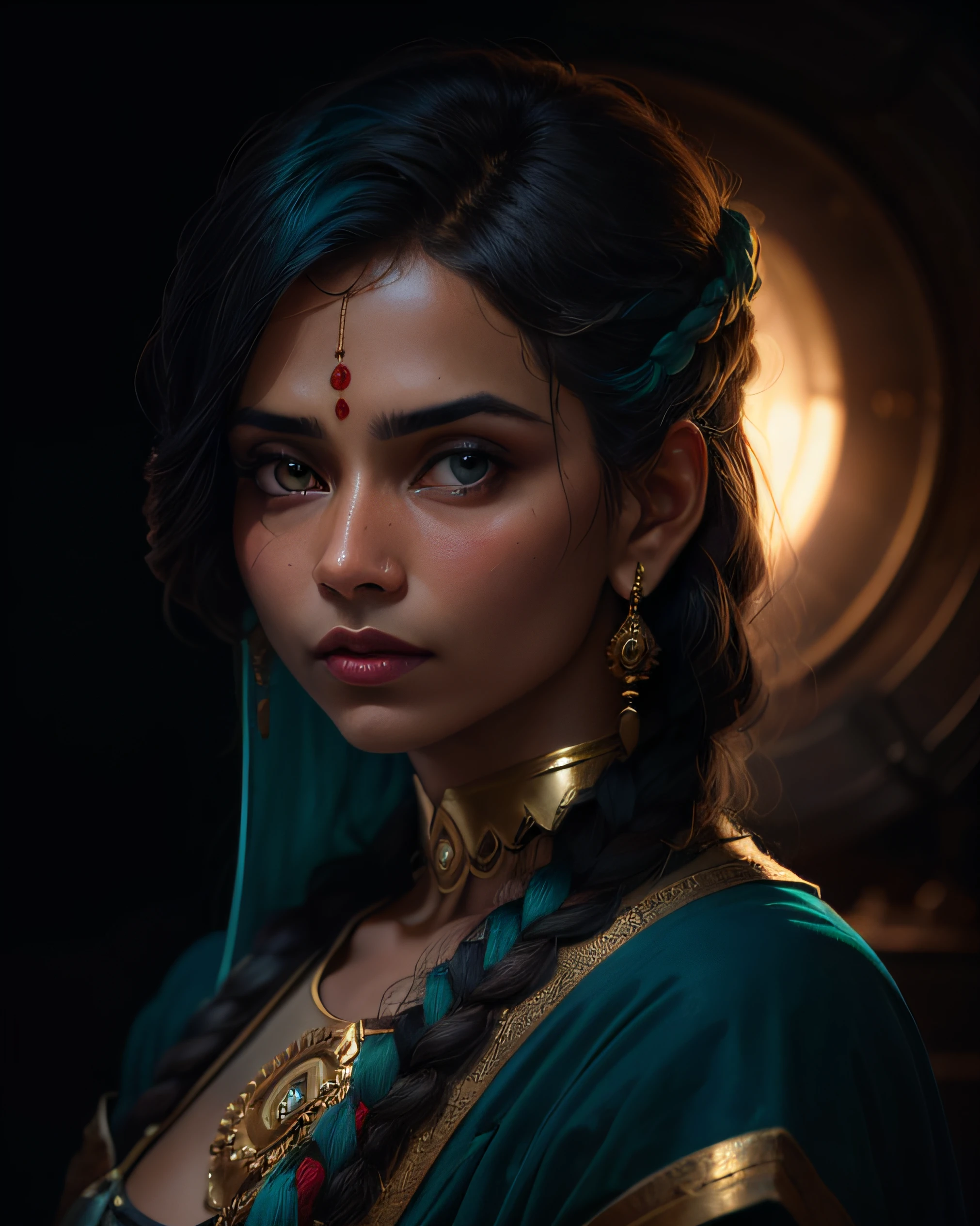 portrait of a award winning photo of indian princess posing in a dark studio, (rim lighting,:1.4) two tone lighting, sharp focus, teal hue, octane, unreal, dimly lit, low key,