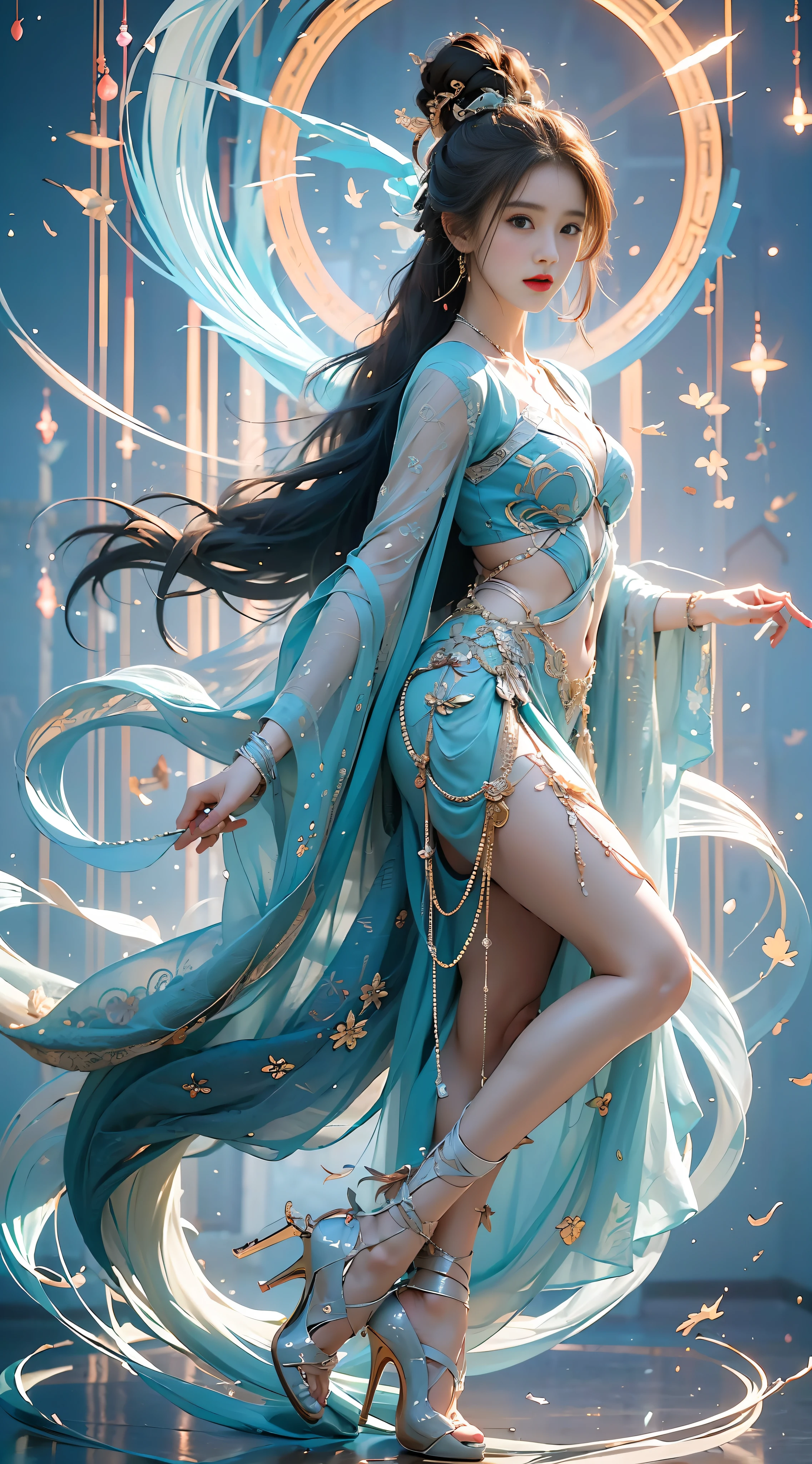 (abstract art:1.4), masterpiece, best quality, ultra high res, beautiful, visually stunning, (1girl:1.2),Sky Blue Theme Sky Blue, halo, side view, looking at viewer
,full body,high heels,girl,nvshen,dunhuang