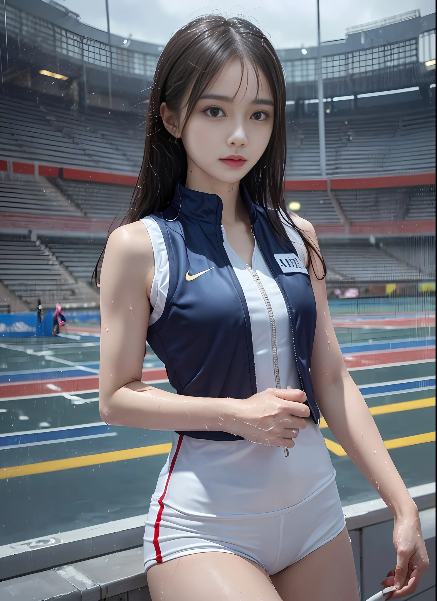 1 woman, 8k, RAW photos, (top quality, masterpiece, intricate details: 1.4), (realistic, realistic: 1.3), (realistic: 1.3), realistic, Chinese female track and field athletes, (rainy days)), ((woman standing on the stadium track: 1.8)), (beautiful women like Chinese actresses), (heavy rain), (((thin track and field team vest)), (light track team vest), (track and field team vest, wet by rain and visible through the skin), Track and field team vest stuck to rain-wet skin, wet colored bloomers, (wet hair), (wet bangs), wet skin, (transparent protrusion), 18 years old, (small face: 1.5), (nervous expression), light makeup, thin eyebrows, detailed and beautiful face, detailed eyes, (tear bag: 1.5), detailed fingers, detailed legs, detailed skin, medium breasts, shiny hair, shiny skin, shiny skin, wet hair, wet skin, wet drip vest,