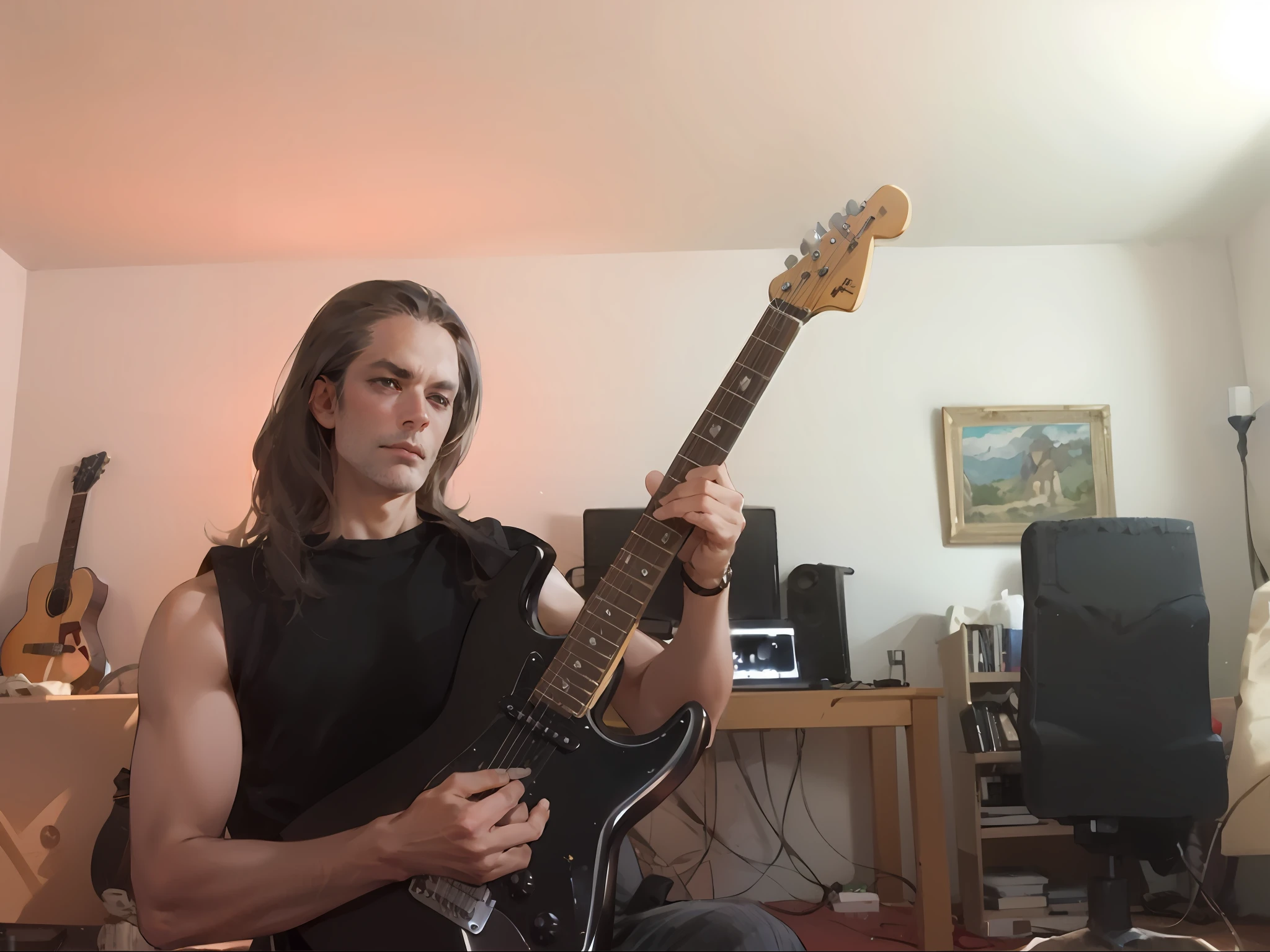 there is a man holding a guitar in a room, holding electric guitar, holding an electric guitar, holding a electric guitar, holding electric guitars, holding a silver electric guitar, playing electric guitar, lead guitar, guitar solo, guitarist, playing guitars, rocking out, holding a guitar, about 3 5 years old, playing guitar, holding guitars, playing the guitar