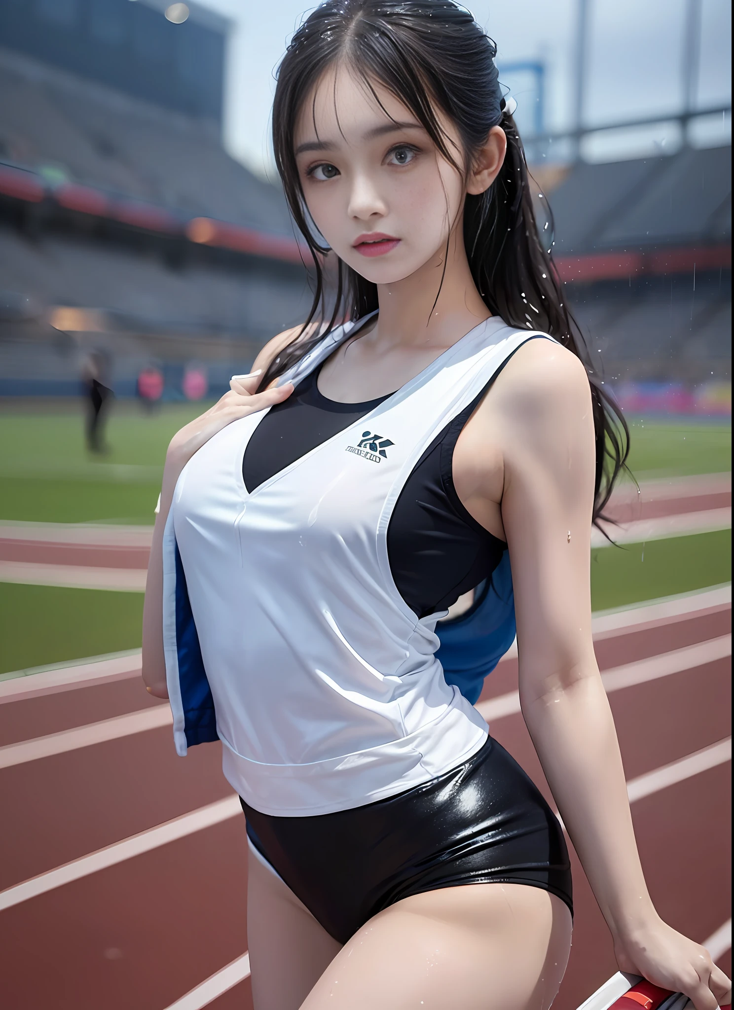 1 woman, 8k, RAW photos, (top quality, masterpiece, intricate details: 1.4), (realistic, realistic: 1.3), (realistic: 1.3), realistic, Chinese female track and field athletes, (rainy days)), ((woman standing on the stadium track: 1.8)), (beautiful women like Chinese actresses), (heavy rain), (((thin track and field team vest)), (light track team vest), (track and field team vest, wet by rain and visible through the skin), Track and field team vest stuck to rain-wet skin, wet colored bloomers, (wet hair), (wet bangs), wet skin, (transparent protrusion), 18 years old, (small face: 1.5), (nervous expression), light makeup, thin eyebrows, detailed and beautiful face, detailed eyes, (tear bag: 1.5), detailed fingers, detailed legs, detailed skin, medium breasts, shiny hair, shiny skin, shiny skin, wet hair, wet skin, wet drip vest,