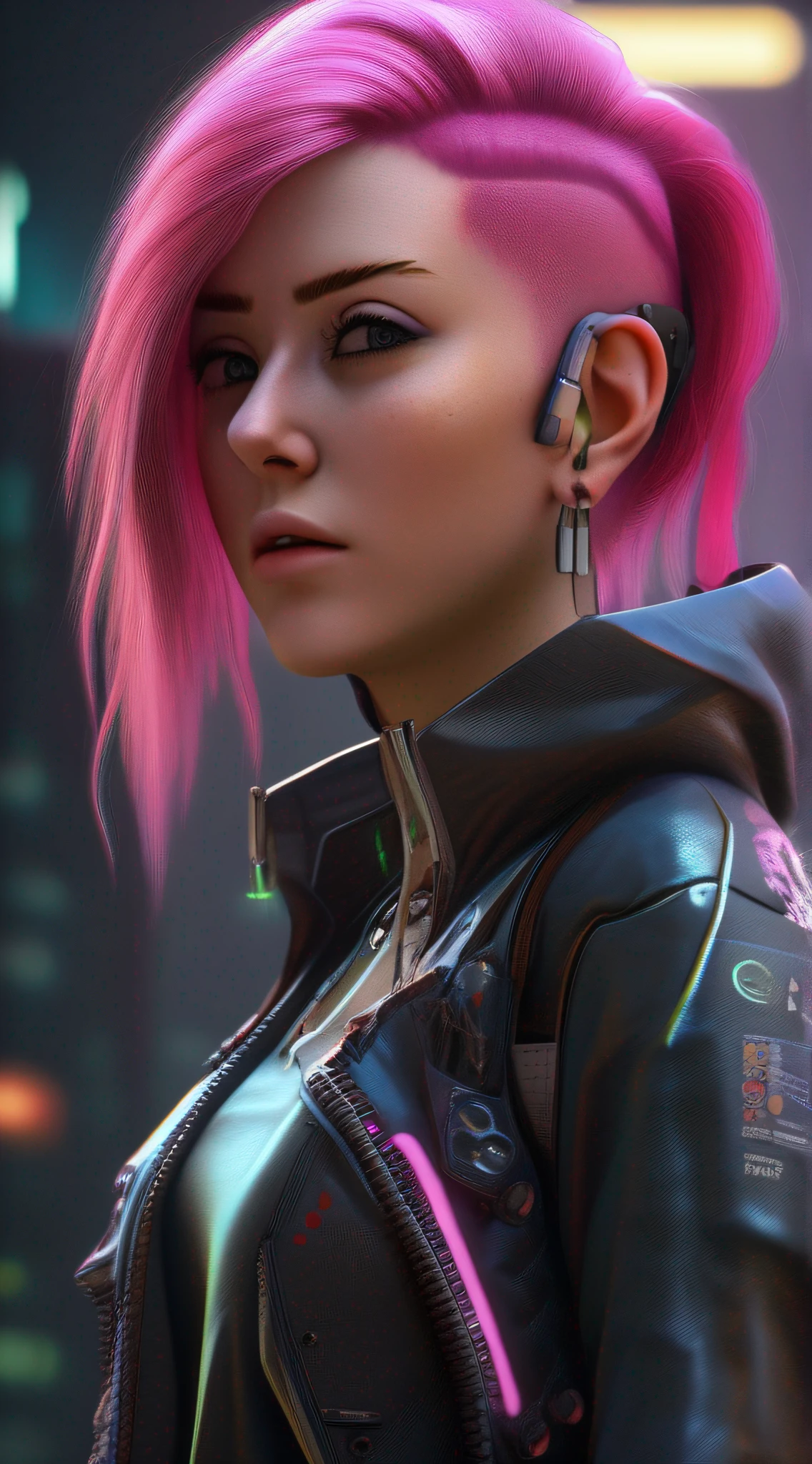 ((Best quality)), ((masterpiece)), (detailed: 1.4), 3D, an image of a beautiful cyberpunk woman with pink hair ,HDR (High Dynamic Range),Ray Tracing,NVIDIA RTX,Super-Resolution,Unreal 5,Subsurface Dispersion, PBR Texture, Post-processing, Anisotropic filtering, Depth of field, Maximum clarity and sharpness, Multilayer textures, Albedo and specular maps, Surface shading, Accurate simulation of light-material interaction, Perfect proportions,  Octane Render, Two-Tone Lighting,Wide Aperture,Low ISO,White Balance,Rule of Thirds,8K RAW,