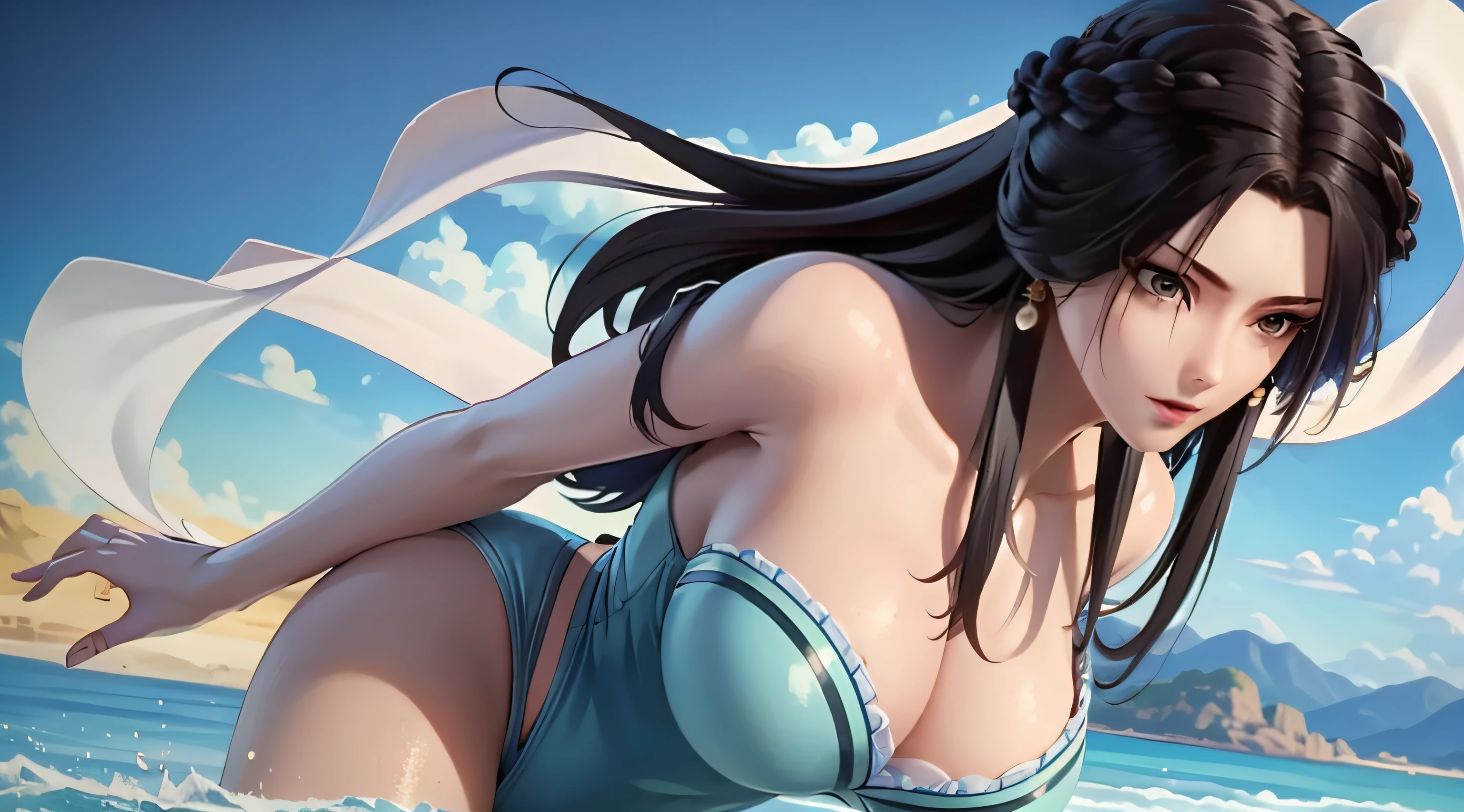 Masterpiece, Excellent, 1 female, brunette hair, bare shoulders, long hair, swimsuit, denim photos, dynamic pose, dynamic angle, exposed breasts, huge boobs