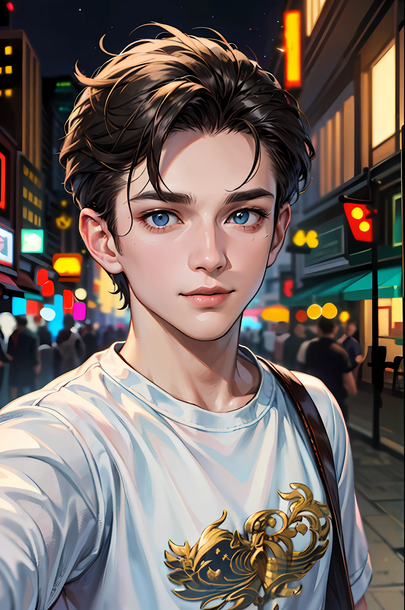 (absurdres, highres, ultra detailed, HDR), masterpiece, best quality, 1boy, handsome, short hair, finely eye and detailed face, (white t-shirt), (jean jacket), dimple, forehead, night street, night city, midnight, selfie shot, light smile