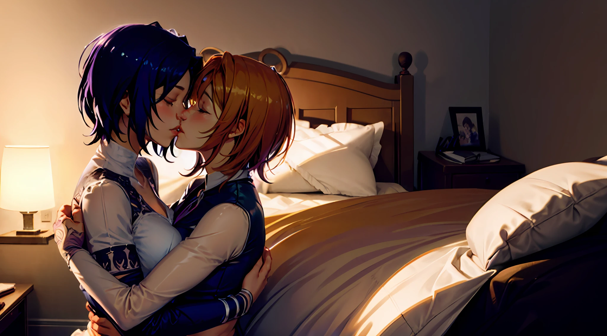 8K, masterpiece, a yellow hair and a purple hair, pushed down on the bed, romanticism, lesbian kiss, lesbian hug, kiss each other, bride, kiss together, hug, kiss together perfectly, beautiful, goddess, two beautiful women in love, standing