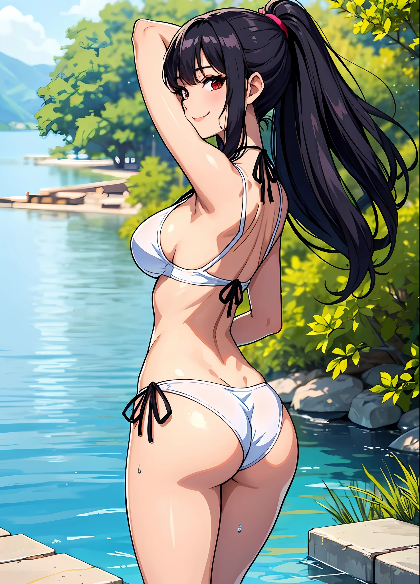 Young woman 29 years: 1.3, Black hair fulfilled: 1.2, Tall: 1.2, Occupation: 1.2, Daytime: 1.2, On the street: 1.2, Movie lighting, Best quality, 8k a cartoon girl with long black hair up to her ass, teasing smile, shoujo manga, ecchi anime style, manhwa,defined body, wet white bikini, transparent bikini, medium breasts, standing on the lake. Anime girl in bikinis in water with a guy, arms behind head