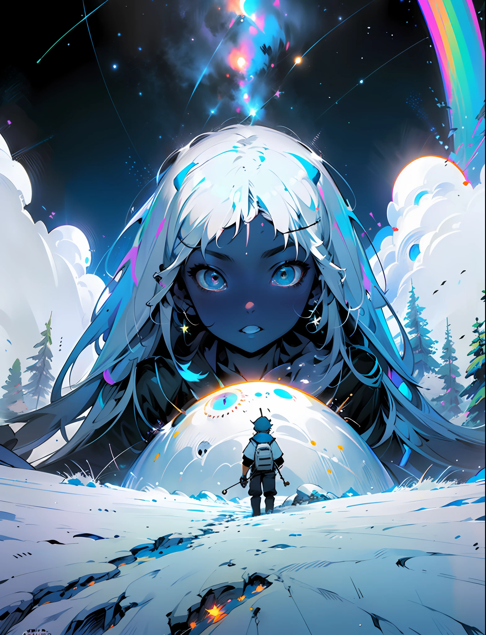 Masterpiece, neon stars, magic around, god, truth, anticipation, depth, insight, understanding, mountain, galactic lush translucent clouds, spectrum, panorama, star cycle, cycle, round eye, planet, earth, truth, knowledge, manga, dream, airship, neon wires, goal