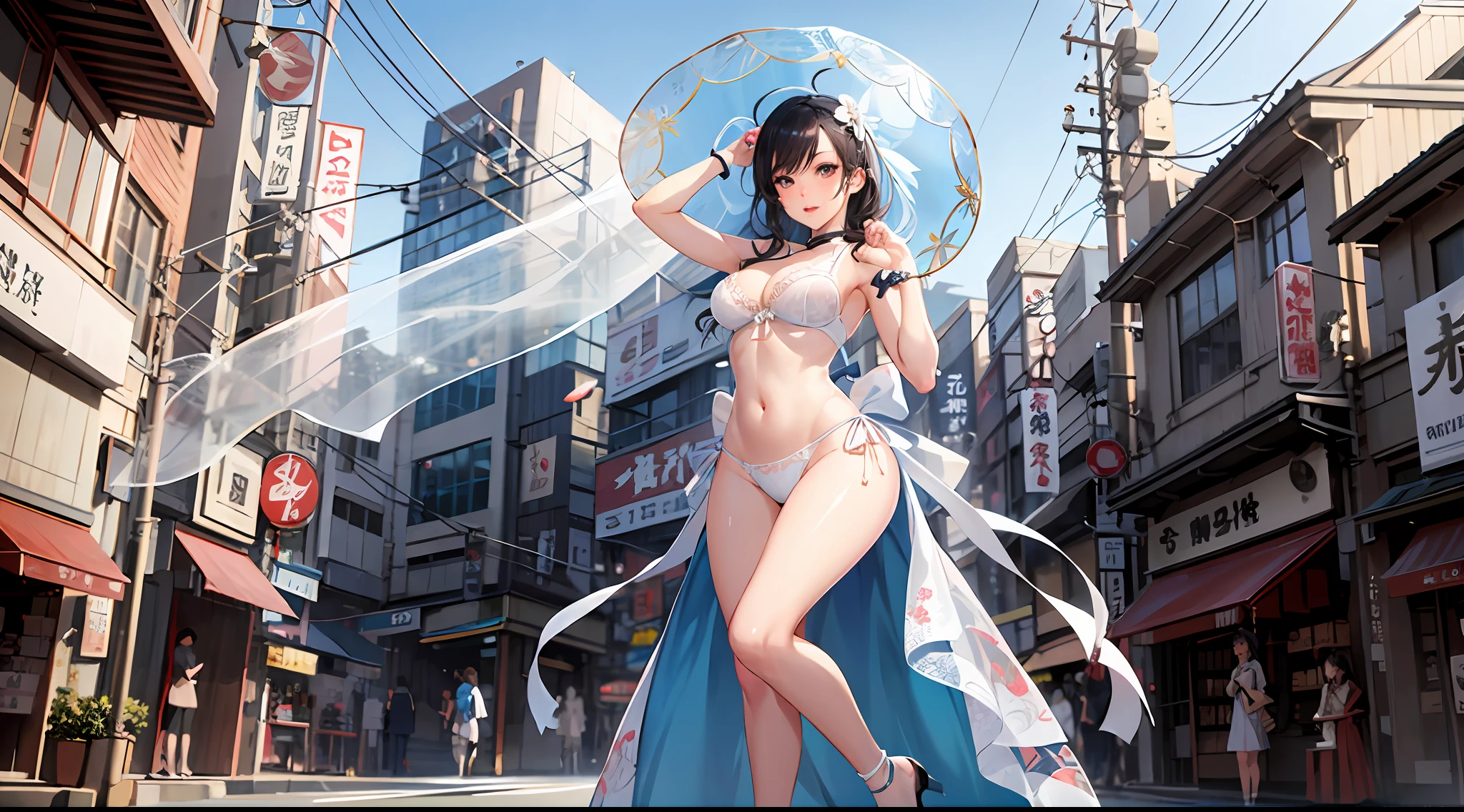 There is a woman wearing a white transparent lace bra top and white transparent lace panties, seductive anime girl, beautiful seductive anime woman, Ross Tran 8 K, beautiful digital artwork, beautiful asian girl, realistic perfect body, sexy girl, popular on cgstation, realistic anime girl rendering, Edo street view Japan, (dynamic pose: 1.2),
