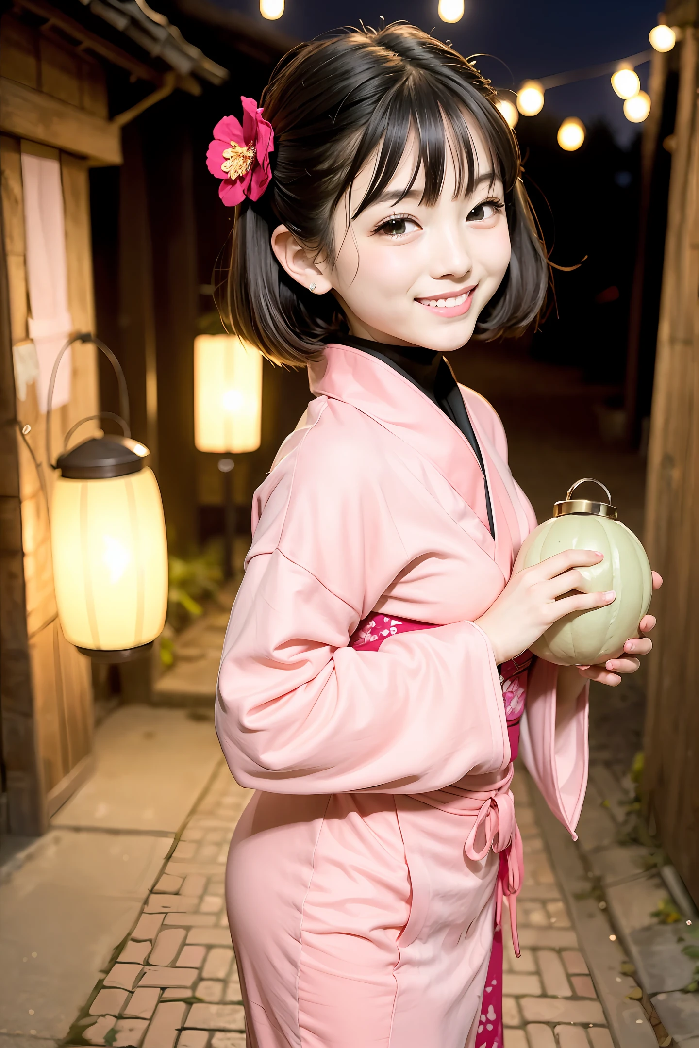 A young girl dressed in a pink kimono is smiling happily in a spacious street with a lantern in her left hand and a sugar gourd in her right hand