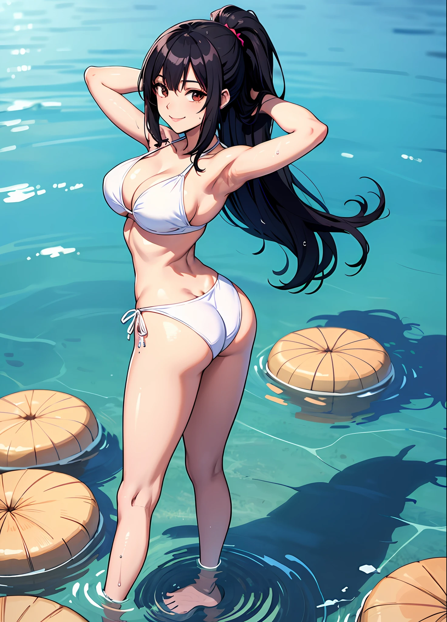 Young woman 29 years: 1.3, Black hair fulfilled: 1.2, Tall: 1.2, Occupation: 1.2, Daytime: 1.2, On the street: 1.2, Movie lighting, Best quality, 8k a cartoon girl with long black hair up to her ass, teasing smile, shoujo manga, ecchi anime style, manhwa,defined body, wet white bikini, transparent bikini, medium breasts, standing on the lake. Anime girl in bikinis in water with a guy, arms behind head