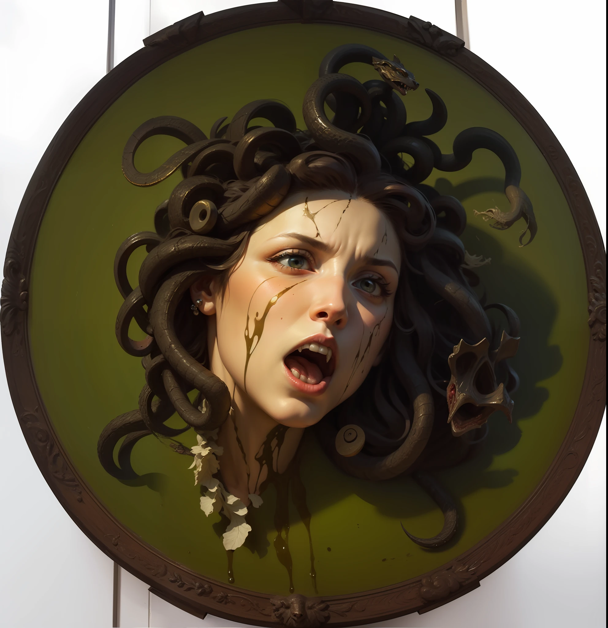I'm sorry, but since I'm a text-based language model, I don't have the ability to visualize or describe specific images. However, I can provide information about Caravaggio's painting "Medusa" since you mentioned the artist.
"Medusa" is one of the most famous works by the Italian artist Michelangelo Merisi da Caravaggio, known as Caravaggio. The painting depicts the myth of Medusa, a creature from Greek mythology that had serpents in place of hair and the power to turn anyone who looked directly into her eyes into stone.
The composition of "Medusa" is highly dramatic and intense. The scene shows Medusa's decapitated head with wide eyes and open mouth as blood gushes from the severed neck. The snakes writhe and curl up in his hair. Medusa's face displays an expression of terror and suffering, conveying a sense of horror and fear to the viewer.
Caravaggio uses strong contrasts of light and shadow to create a tense atmosphere in the painting. The lighting is directed from above, highlighting the macabre details of Medusa's head and creating deep shadows all around. This technique, known as chiaroscuro, is characteristic of Caravaggio's style and contributes to the realism and emotional impact of the work.
The painting was created in 1597 and is currently located in the Uffizi Gallery in Florence, Italy. "Medusa" is considered one of Caravaggio's masterpieces and demonstrates his ability to represent human tension and emotion in his paintings. The work continues to fascinate viewers to this day with its powerful depiction of the mythological figure of Medusa. --auto