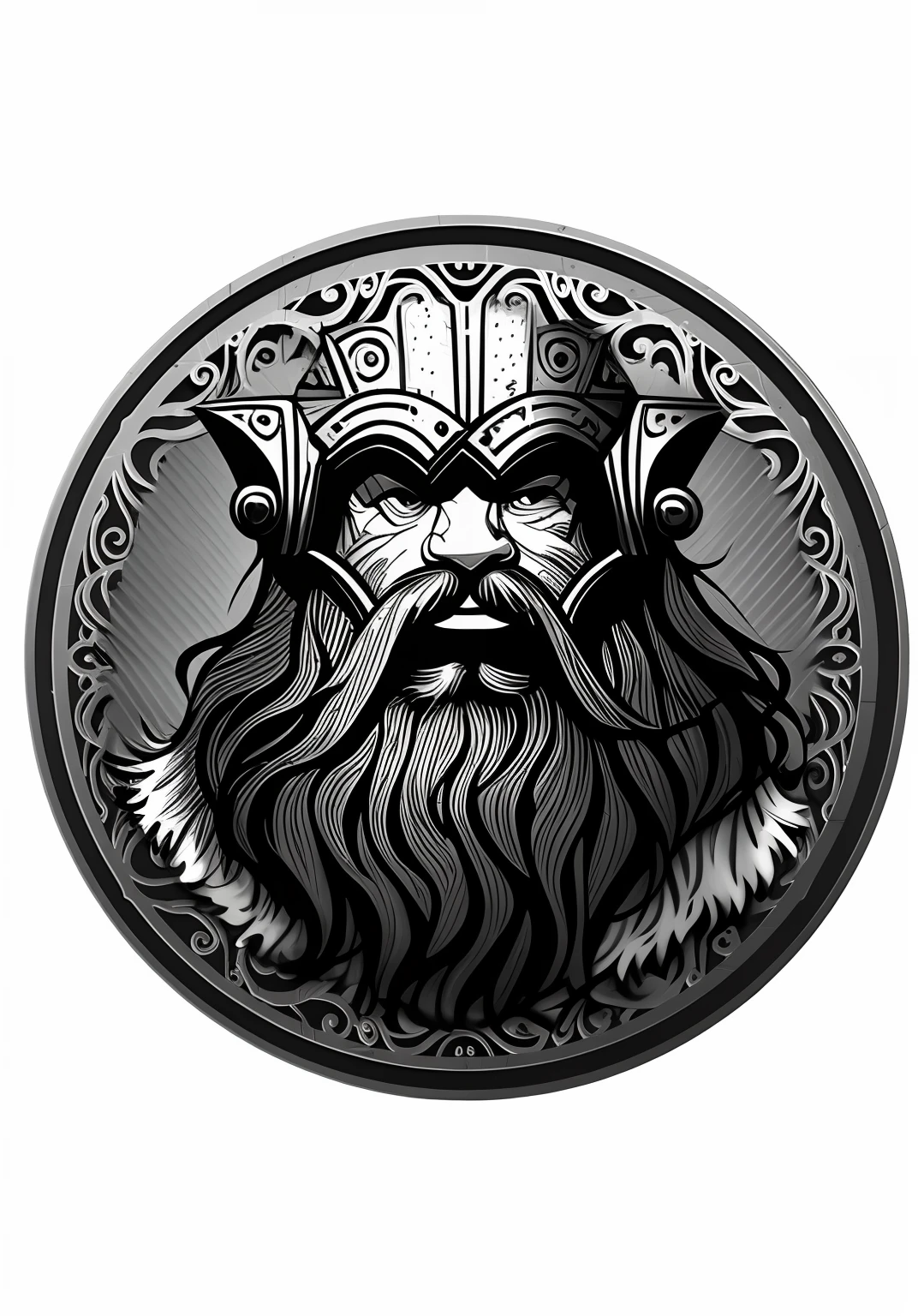 Black and Grey color palette, Simple 2d drawing, vague details, same art style, Dward with spiked helmet, dwarf with long beard