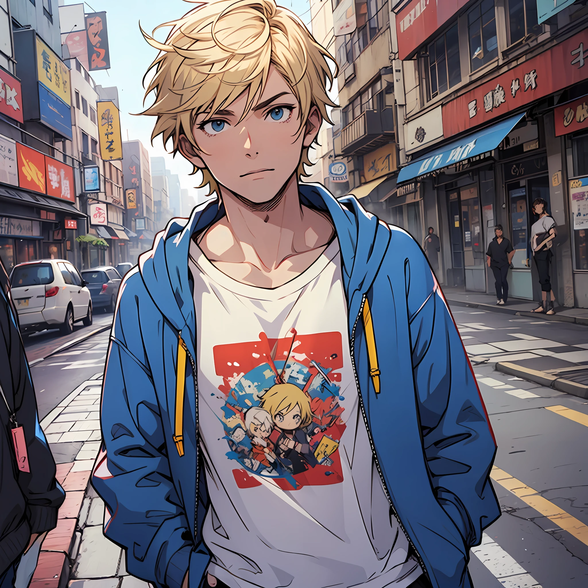 Short blond hair, 1boy, urban city, open blue hoodie, white t-shirt, hands in pockets, anime
