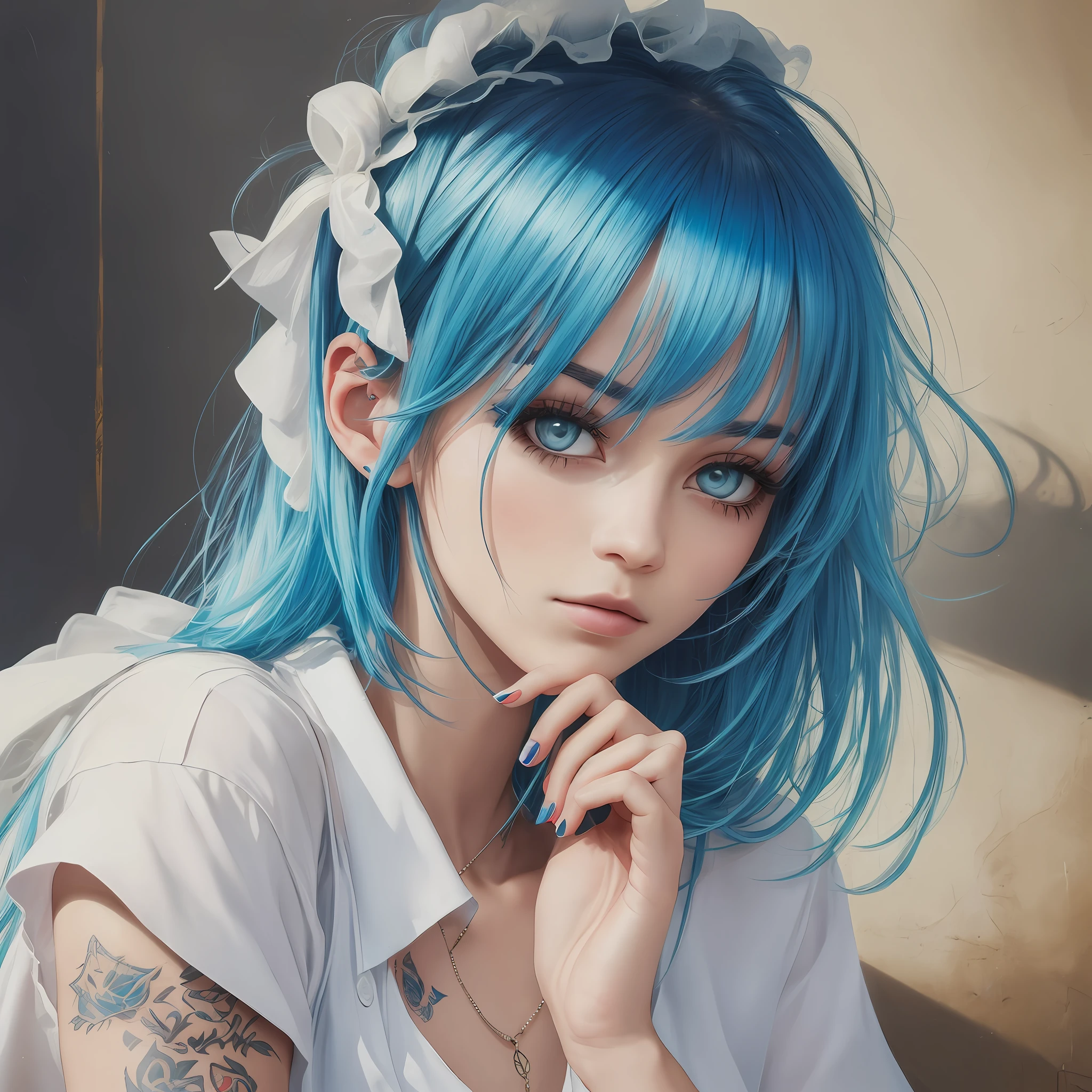 Best quality masterpiece ,1 girl with blue hair and high tattoos with a white blouse and a white shorts , making a sign of peace, realism, distant expression style, she has a beautiful expressive face --auto