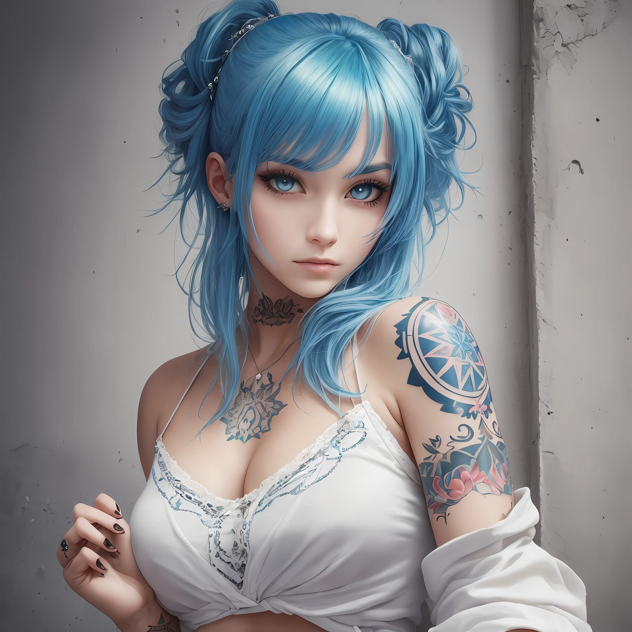 Best quality masterpiece ,1 girl with blue hair and high tattoos with a white blouse and a white shorts , making a sign of peace, realism, distant expression style, she has a beautiful expressive face --auto