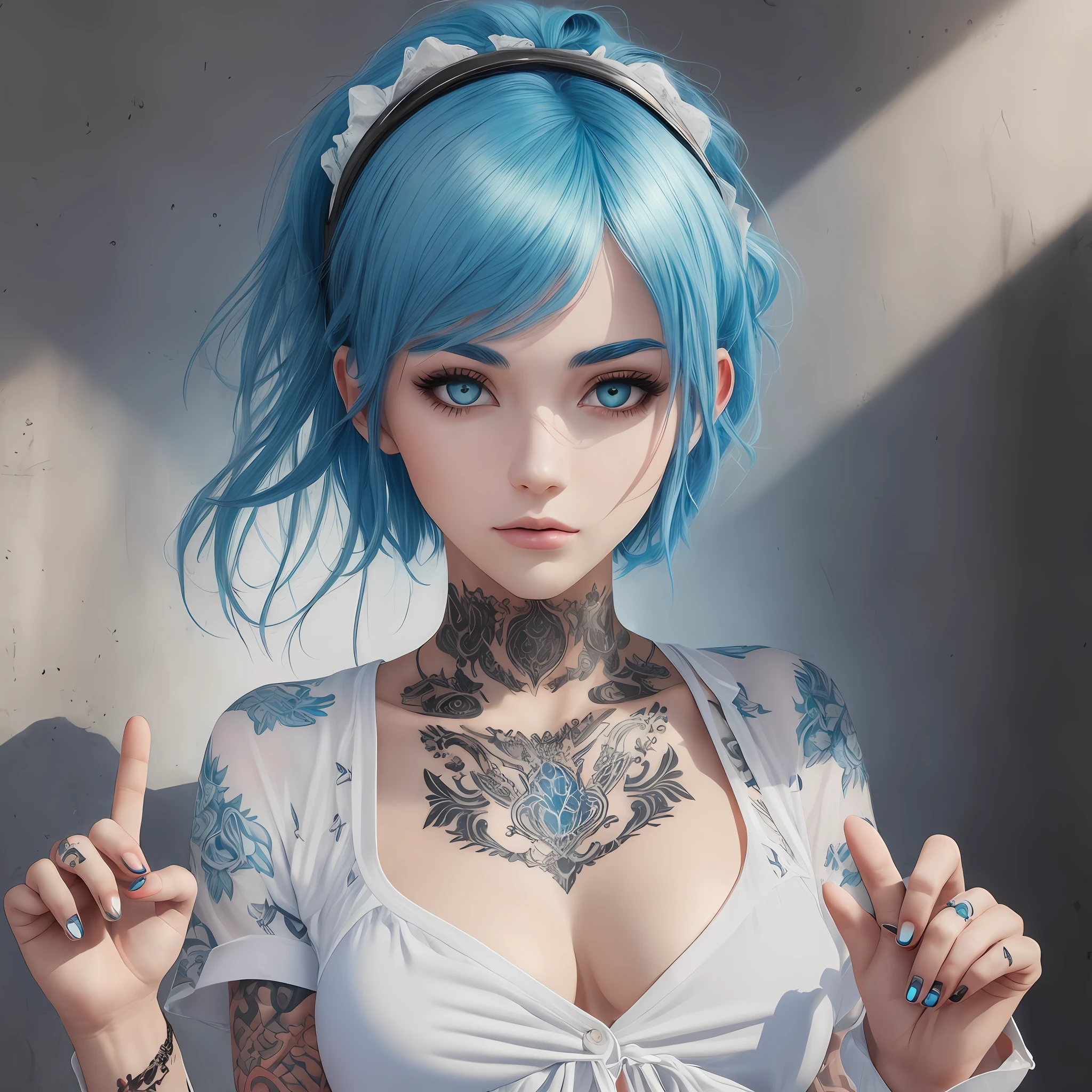 Best quality masterpiece ,1 girl with blue hair and high tattoos with a white blouse and a white shorts , making a sign of peace, realism, distant expression style, she has a beautiful expressive face --auto
