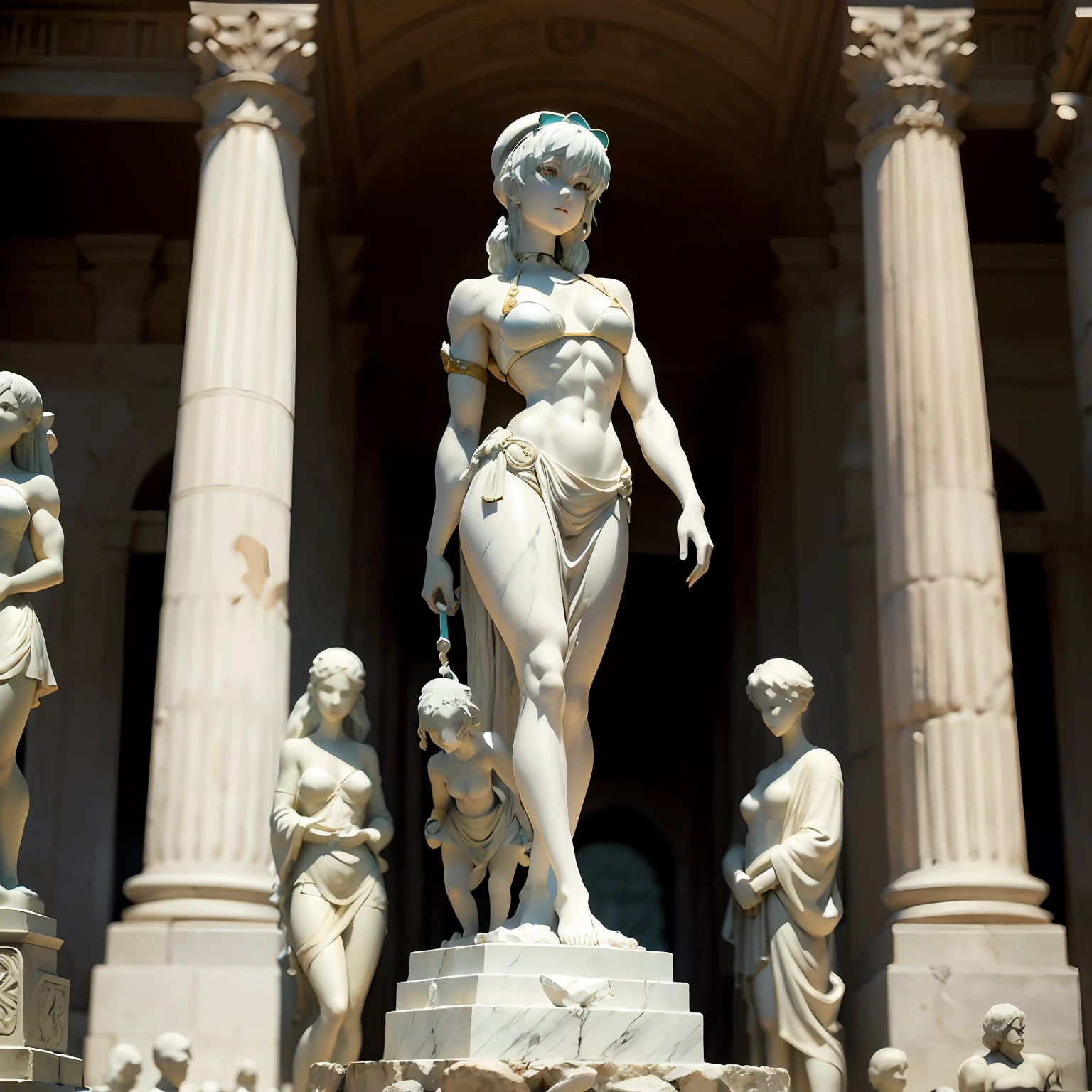 King Ayanami , ((only one)) , (1girl) , alone , Muscular anime Girl (1girl) , wheyfu girl (1girl) , as a white stone marble figure (only one) , female statue (only one) , an ancient roman statue (only one) , upright
