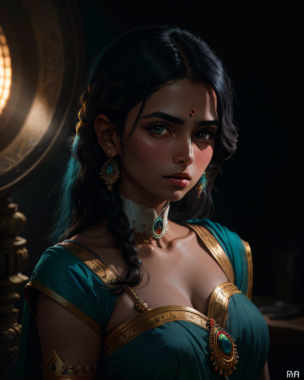 portrait of a award winning photo of indian princess posing in a dark studio, (rim lighting,:1.4) two tone lighting, sharp focus, teal hue, octane, unreal, dimly lit, low key,