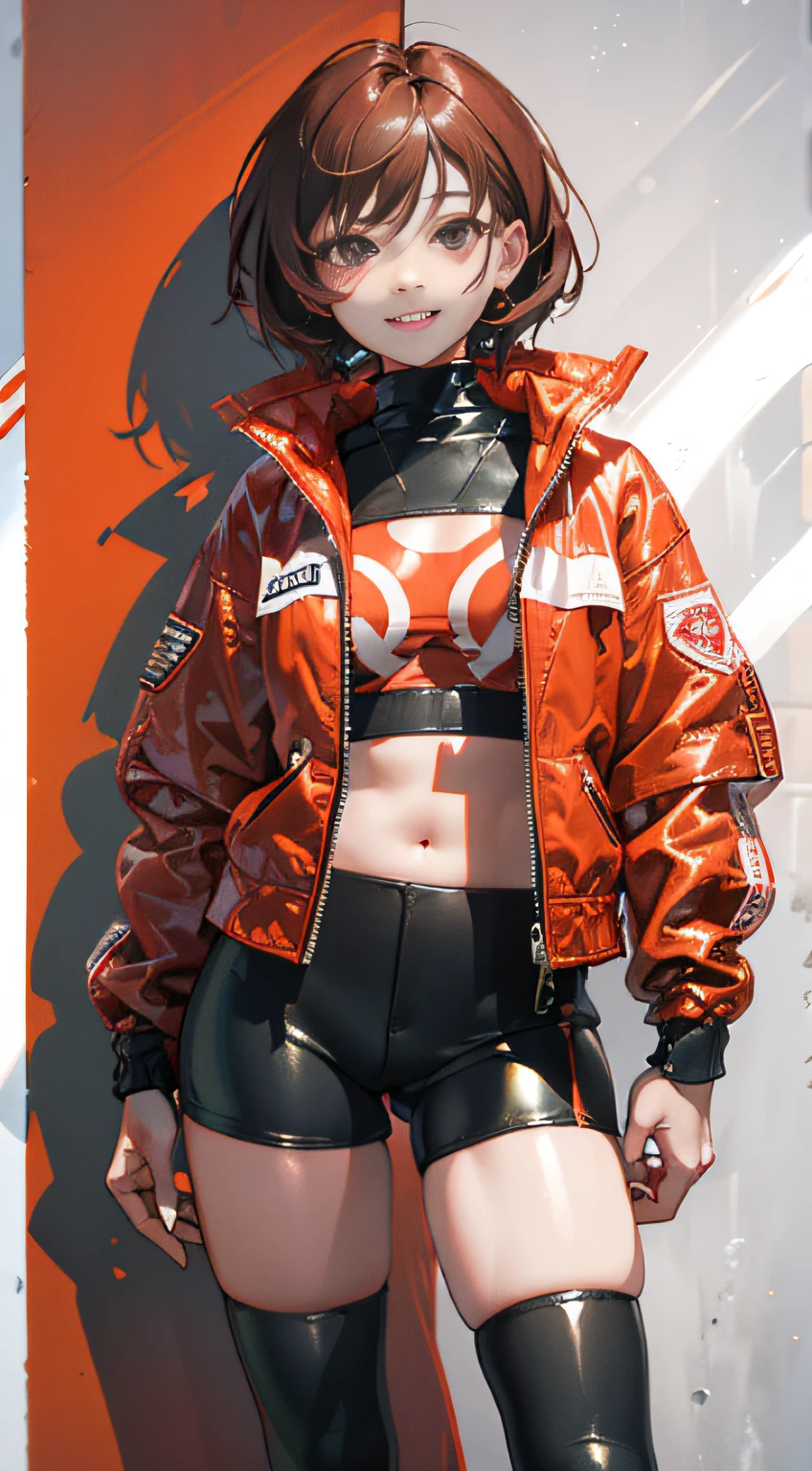 1girl, solo,underwaterbrown hair, brown eyes, parted lips, long sleeves, jacket, simple background, upper body, red background, looking at viewer, teeth, red jacket, lips, cosplay,  full body, smile，motorbike