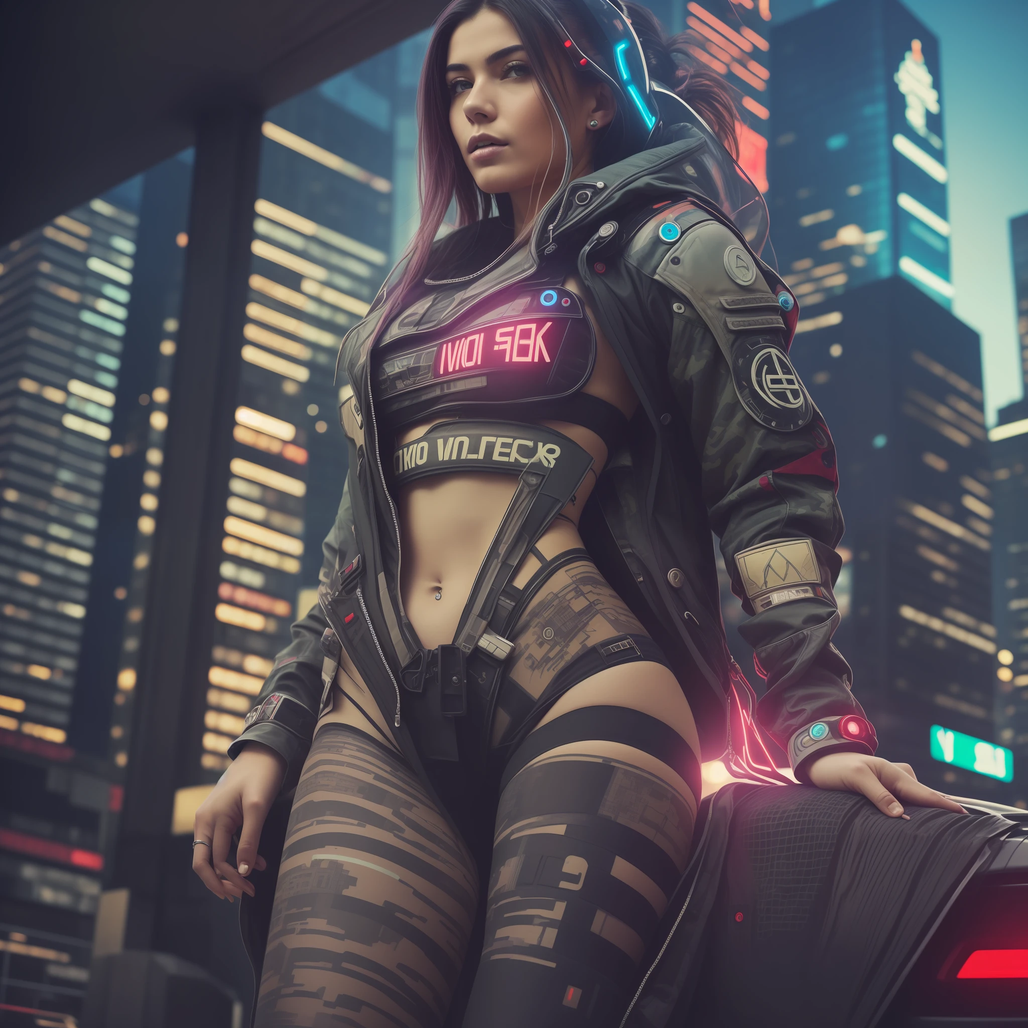 (masterpiece, detailed whole body photograph, complex raw photograph) Cyberpunk citizen wearing a sexy soldier's outfit, with city life in the background, and futuristic cars