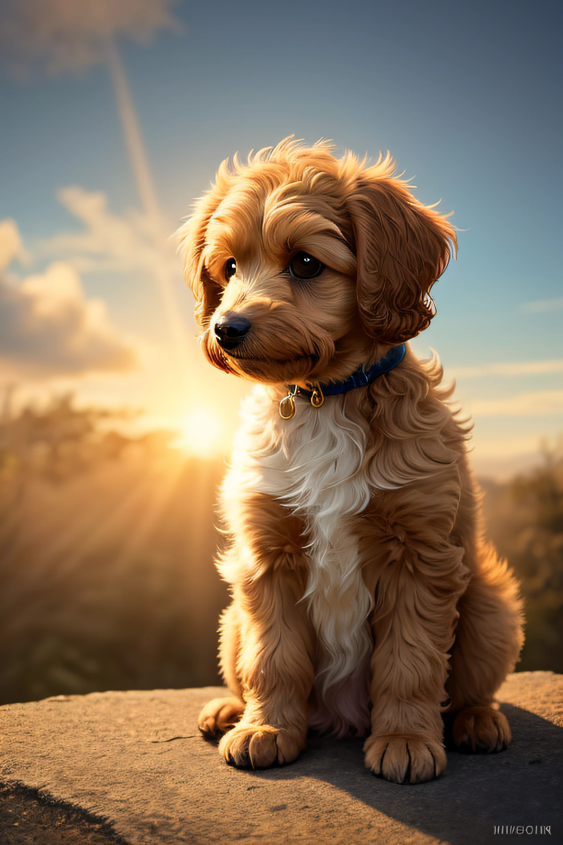 Very cute cavoodlepup illustration, 8k resolution, high resolution, super detailed, clear focus on brown poodle and very detailed character design. The use of rim lights, soft lights and sun flares should add depth and mood to the image. A fluffy, foggy, light gold floral background with a subtle mist effect is ideal, adding a touch of mystery to the illustration. Vibrant The colors should be used to bring the puppy to life, emphasizing the puppy's fluff and character.
