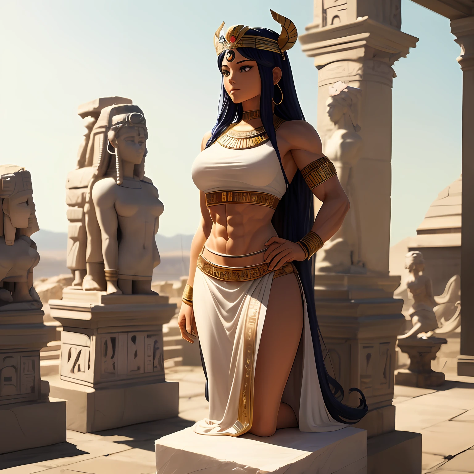 ("Nefertari Vivi":1.1) , ( 1girl ) , alone , Muscular anime Girl , wheyfu girl , as a white stone marble figure , female statue , ancient roman statues , upright