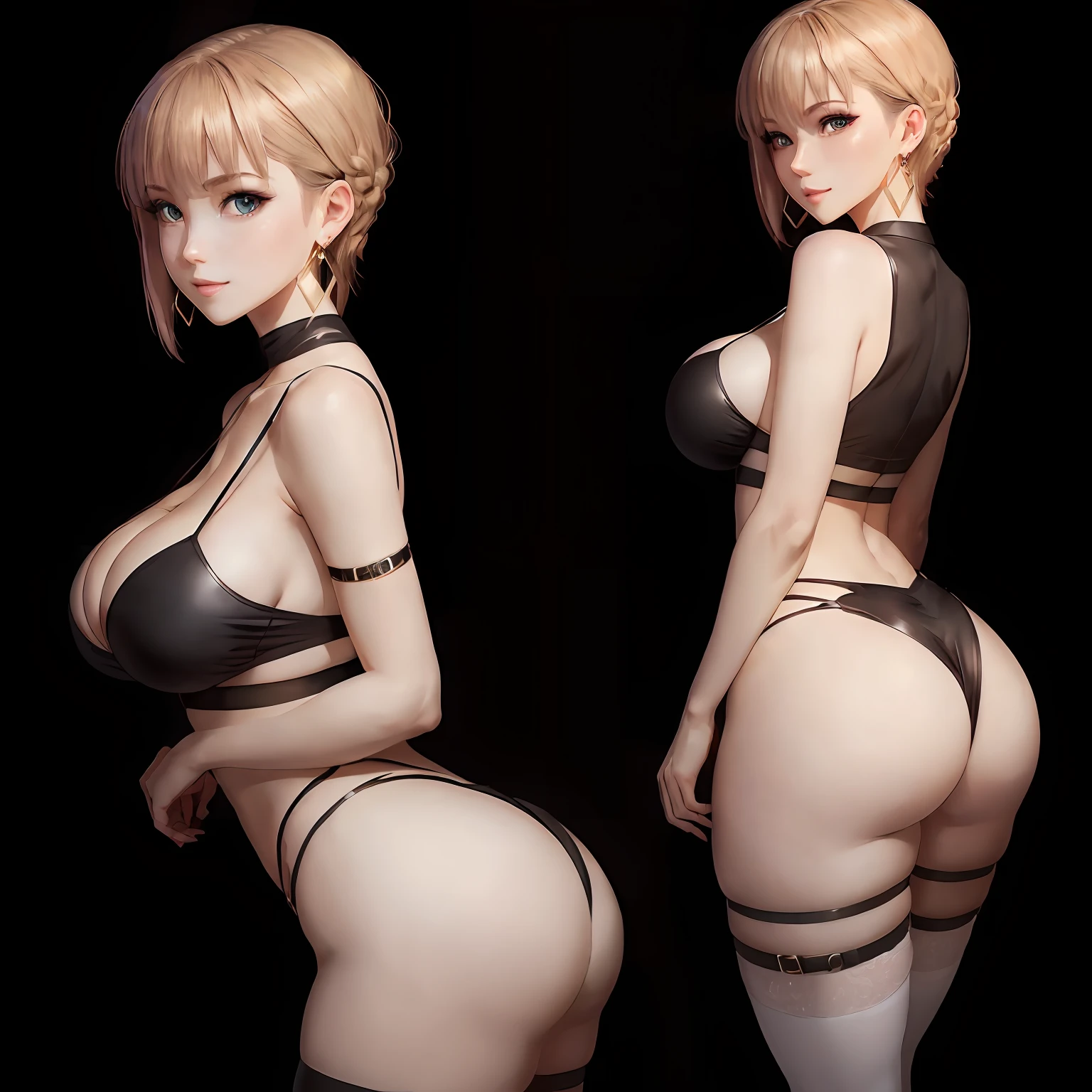 Angle, from aboveRAW, 1 girl, solo, full body, (best quality, masterpiece, absurdity: 1.2), front view, perfect face, very delicate and beautiful, fine-grained skin texture, lively and shiny skin, (big breasts: 1.3), (constriction: 1.2), huge ass, (pureerosface_v1: 1.3), (ulzzang-6500: 0.4), tan, (white hairHair, Short Hair: 1.3), Blue Eyes, (Makeup: 1.2), Bright Smile, (Black cleavage, ruffles, V-neck, Navel, Slit-up Dress): 1.3), Shirt, Jewelry Earrings, Thigh Strap, Thigh Strap, Thigh Socks, Simple Background, Portrait, (Huge Breasts, Big Breasts: 1.4), Saber, Fate --auto