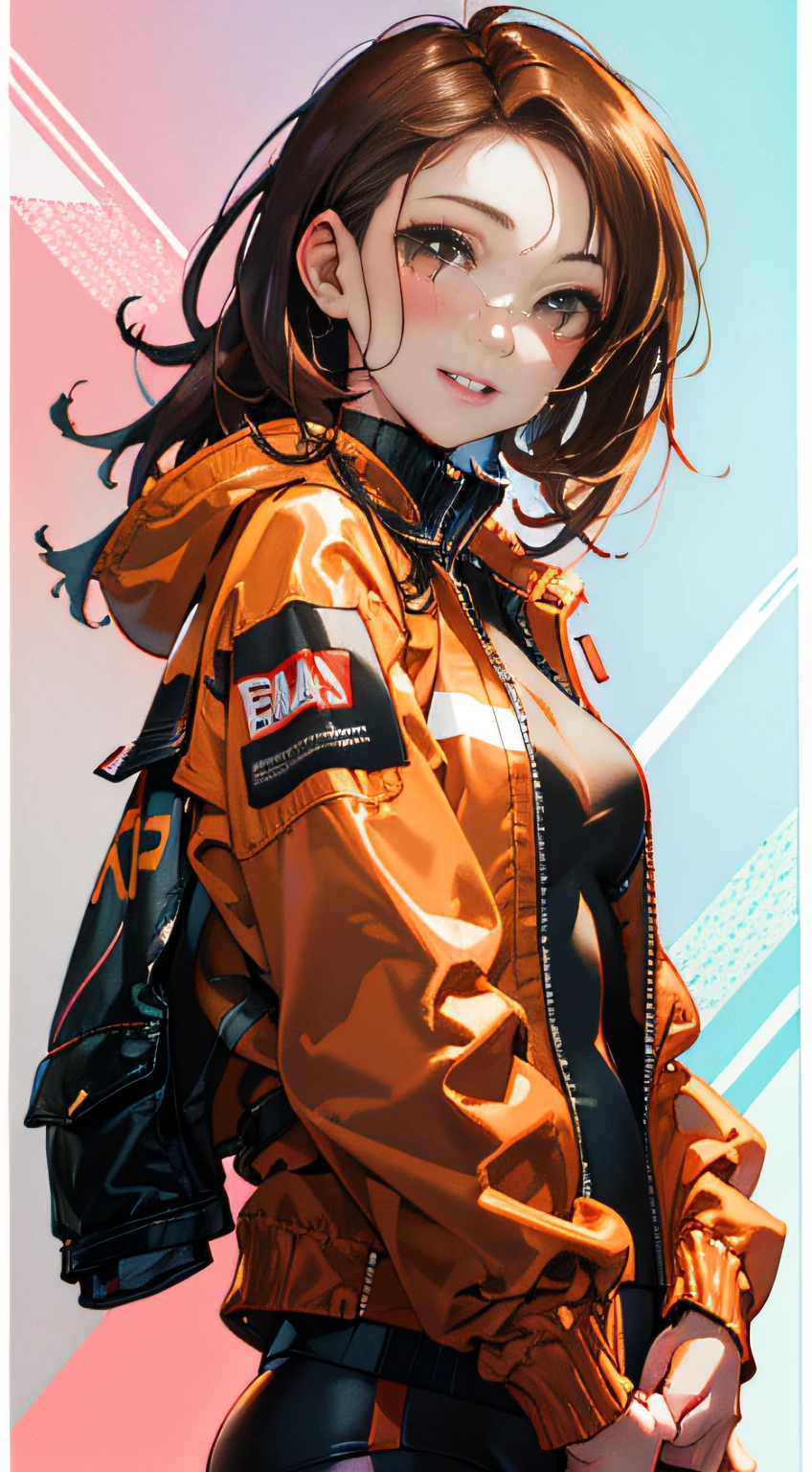 1girl, solo,underwaterbrown hair, brown eyes, parted lips, long sleeves, jacket, simple background, upper body, red background, looking at viewer, teeth, red jacket, lips, cosplay,  full body, smile，motorbike