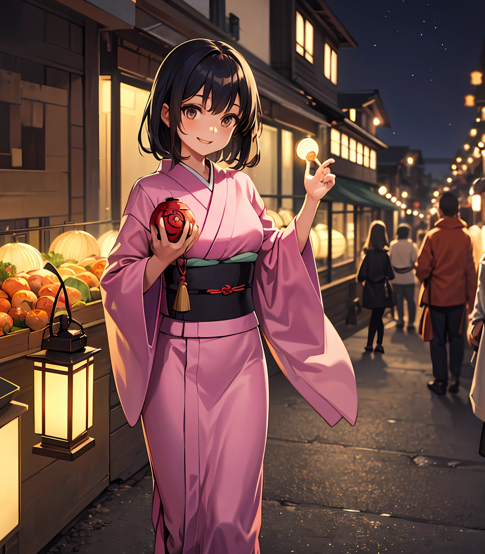 A young girl dressed in a pink kimono is smiling happily in the spacious streets of the night, holding a lantern in her left hand and a sugar gourd in her right hand