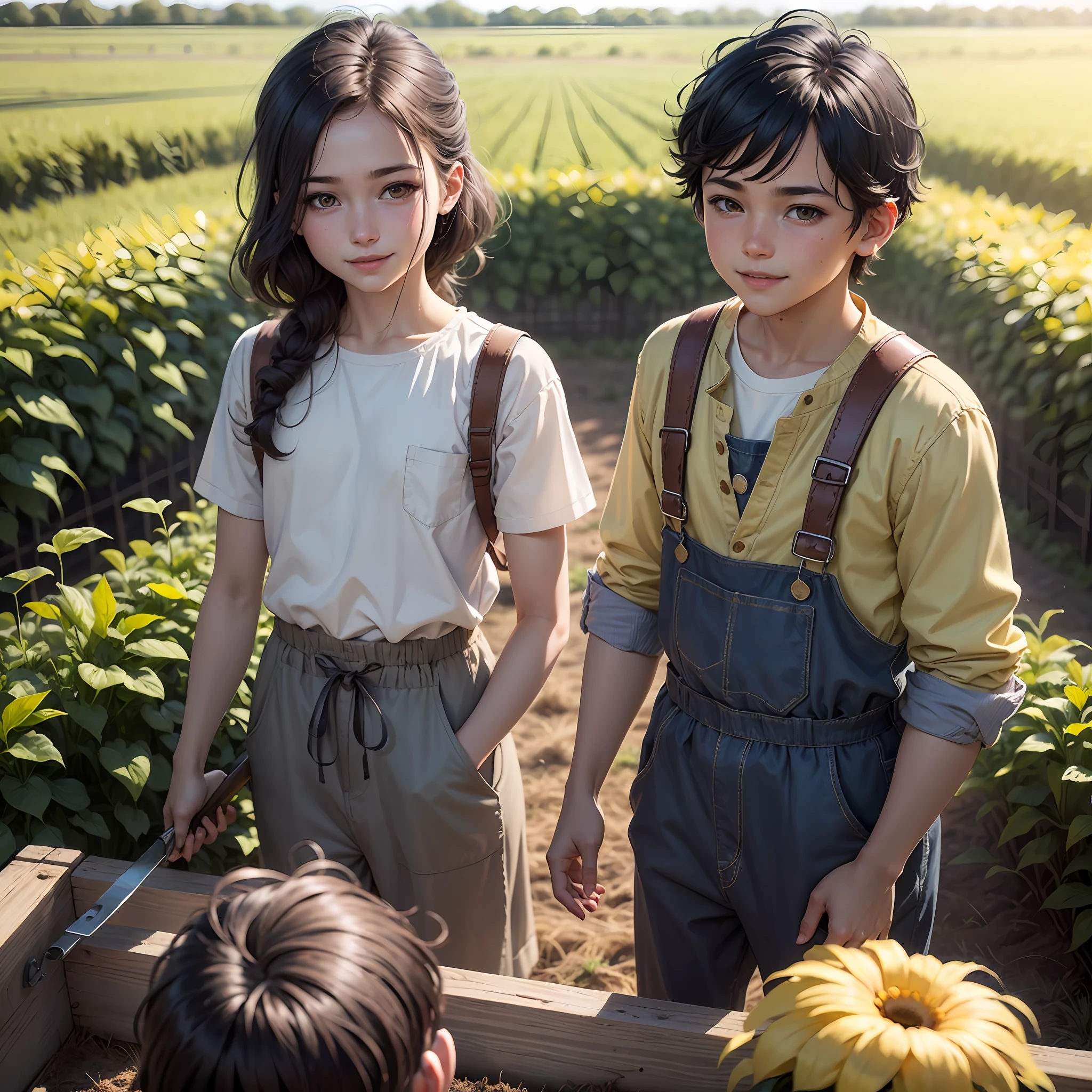 High quality realistic Anime style, high definition high quality realistic, shaded, photorealism, Ray tracing, 8k, uhd, masterpiece, small male kid, peasent farming clothes, black hair, yellow eyes, sweating from work, on a farm field, smiling, side by side to a woman backwards using medieval farming clothes.