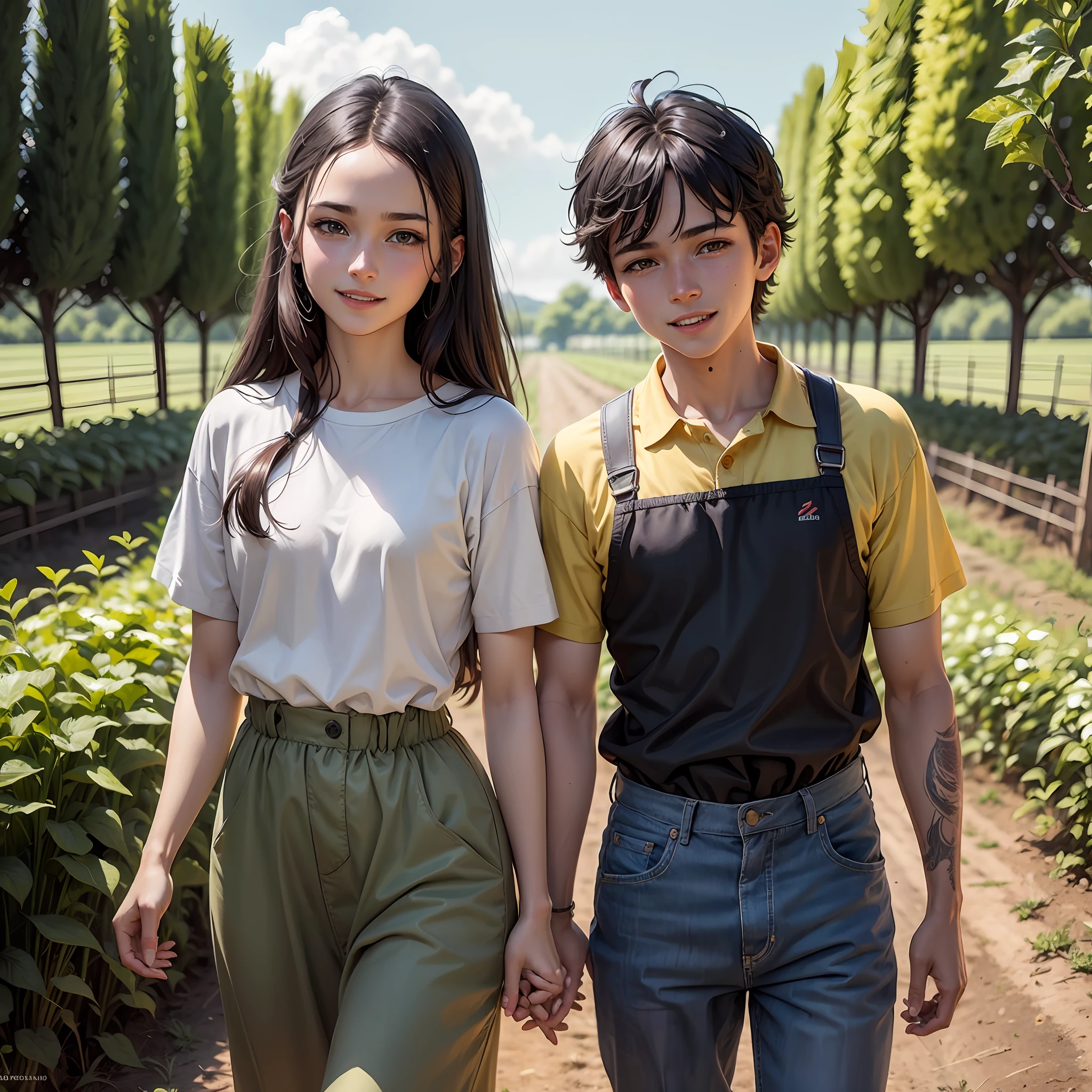 High quality realistic Anime style, high definition high quality realistic, shaded, photorealism, Ray tracing, 8k, uhd, masterpiece, small male ???, peasent farming clothes, black hair, yellow eyes, sweating from work, on a farm field, smiling, side by side to a woman backwards using medieval farming clothes.