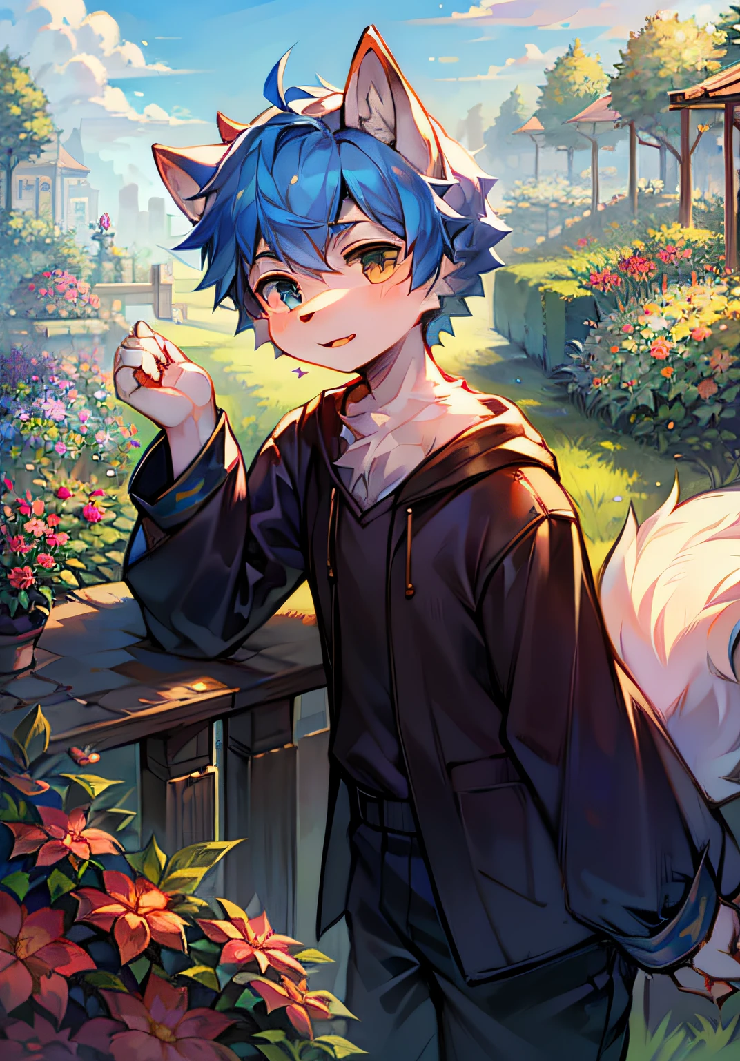 Sky, sunny, cub, fluffy, wolf, blue hair, cute, humanoid, cloud, garden, male, fluffy tail