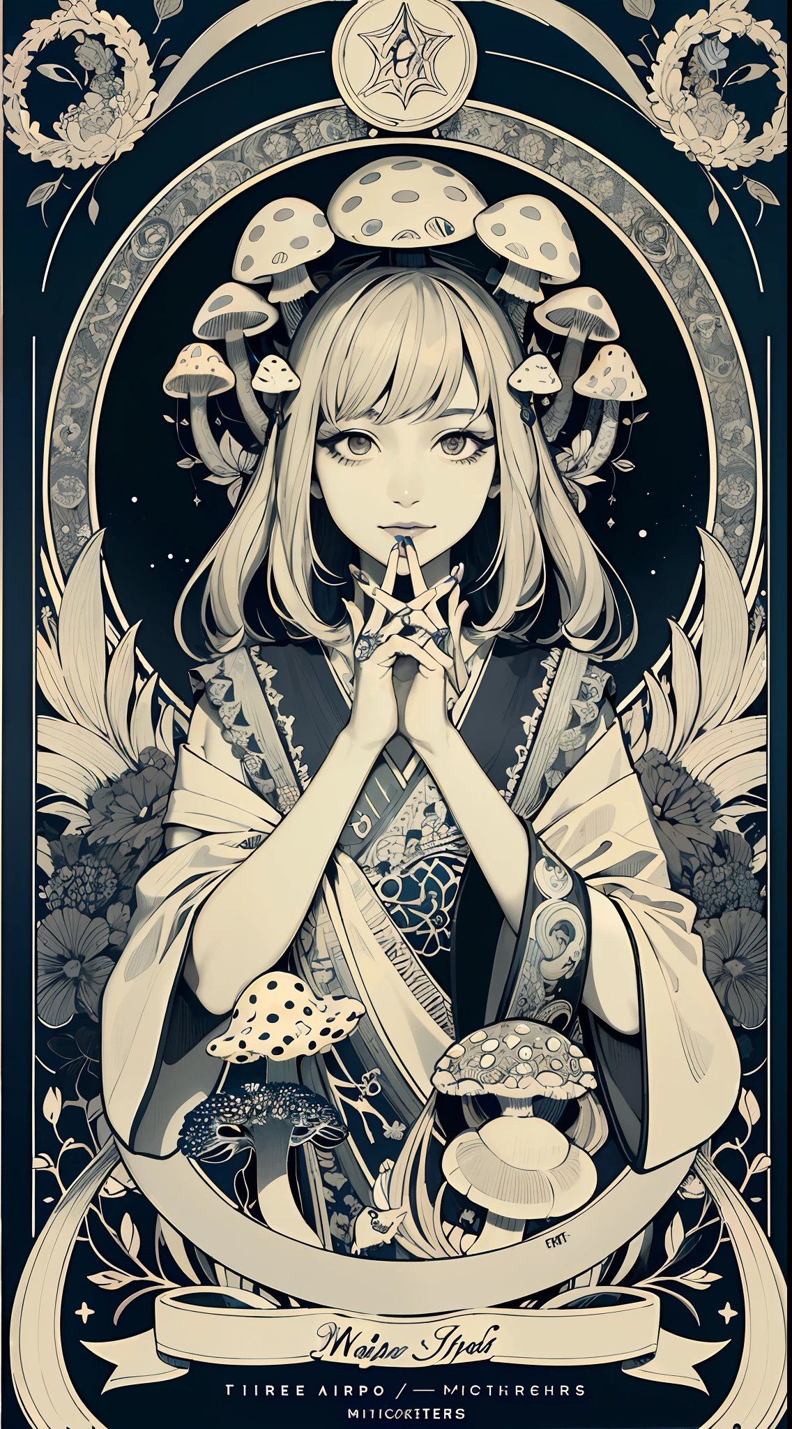 (Masterpiece, Best Quality, Highres:1.4), Detailed, Intricate Details, 4K,
color splashes, line art, fibonacci, Asian girl, mushroom, psychedelic details art, beautiful charming face,dmt details art,(five fingers hands),(normal hands),trippy details art, tarot card style, show full objects
