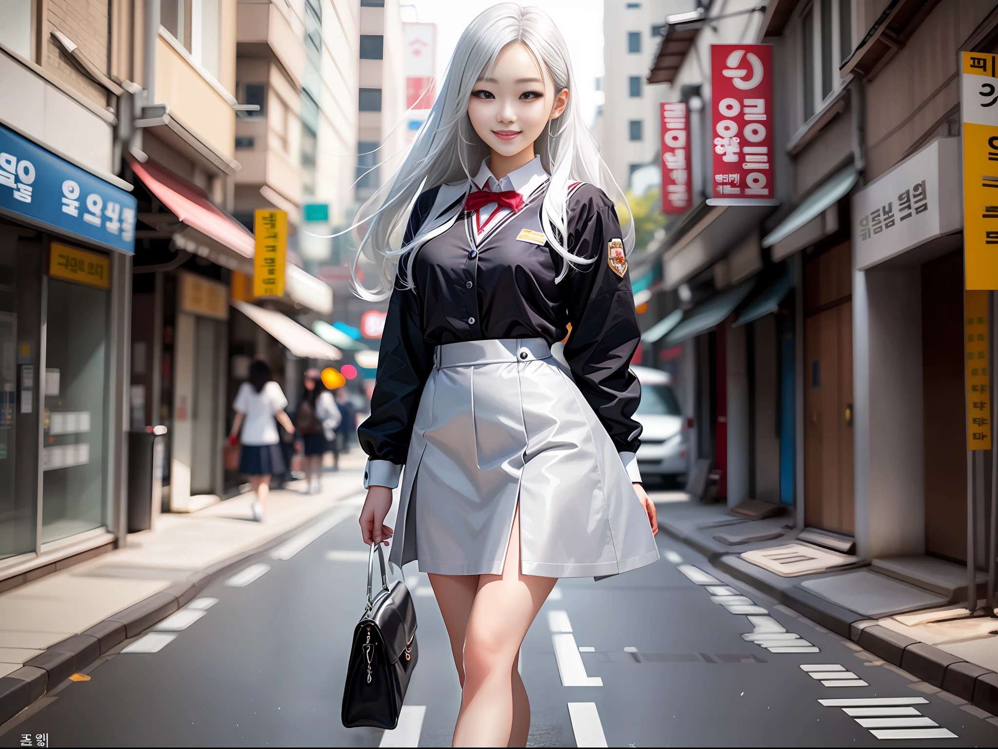 masterpiece, ultra high quality, ultra high definition, 8K, totally realistic, Korean girl, extremely beautiful, alone, full body, silver white hair, highly detailed face, fully detailed eyes, perfect eyes, perfect features, very beautiful body, perfect body, cheerful smile, wearing micro school uniform, natural lighting, Seoul streets