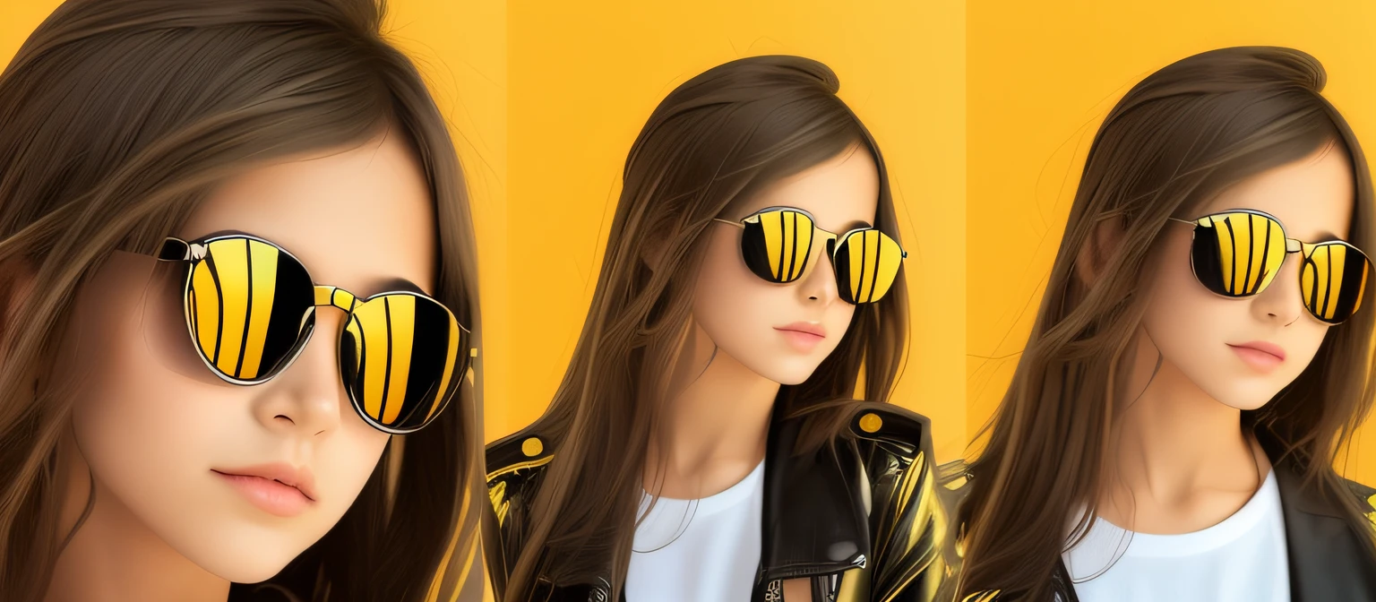 there are three pictures of a girl with sunglasses on, futuristic glasses lenses, with sunglass, mirror shades, with mirrorshades sunglasses, futuristic sunglasses, next gen, futuristic yellow lens, futurisitc sunglasses, wearing mirrored sunglasses, futuristic, with sunglasses, kids, wearing gold glasses, wearing cool sunglasses, glossy shiny reflective, designer sunglasses, cool sunglasses