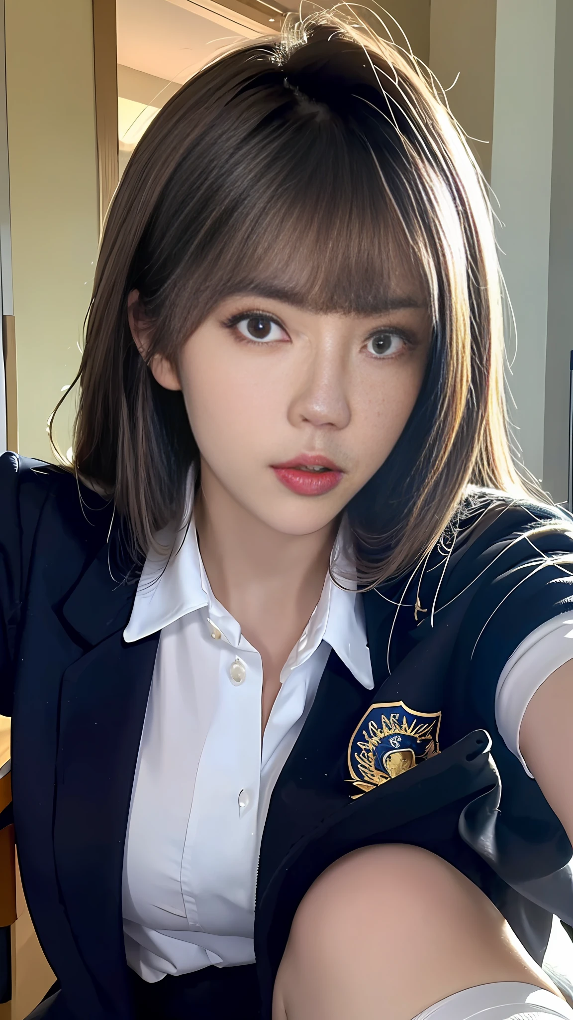 (Best Quality, 4K, Masterpiece: 1.3), Pretty Woman, 1girl, Sexy: 1.1, Dark Yellow Hair: 1.1, Woman in School Uniform, Soaked School Uniform, Ultra Detailed Face, Detailed Lips, Delicate Eyes, Double Eyelids, Blue Miniskirt White Stockings