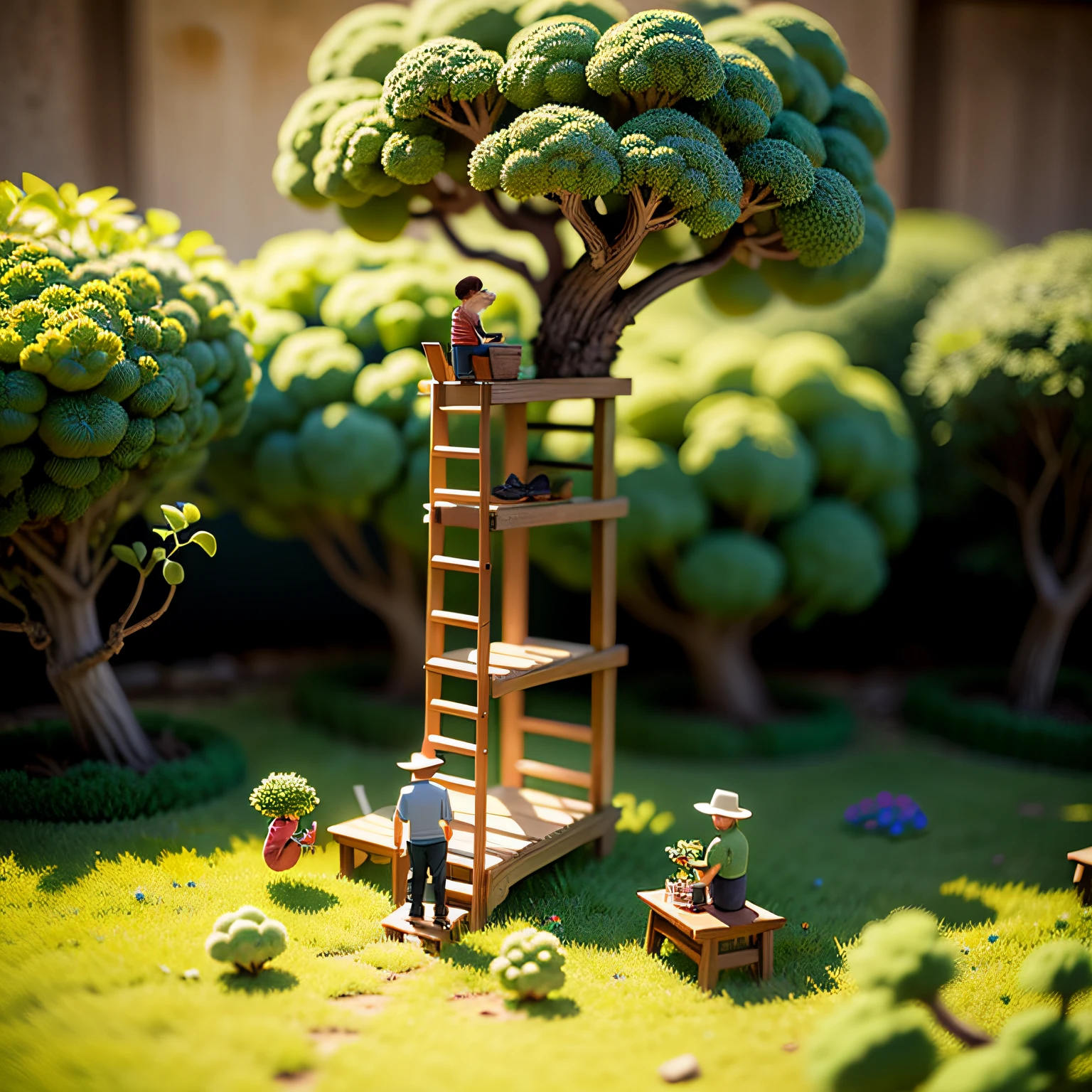 tiny little people is picking broccoli under the broccoli tree with a ladder, There are flowers and grass on the ground, natural light, miniature, blur background, clear details, tilt-shift, macro photography, isometric, 3d --auto